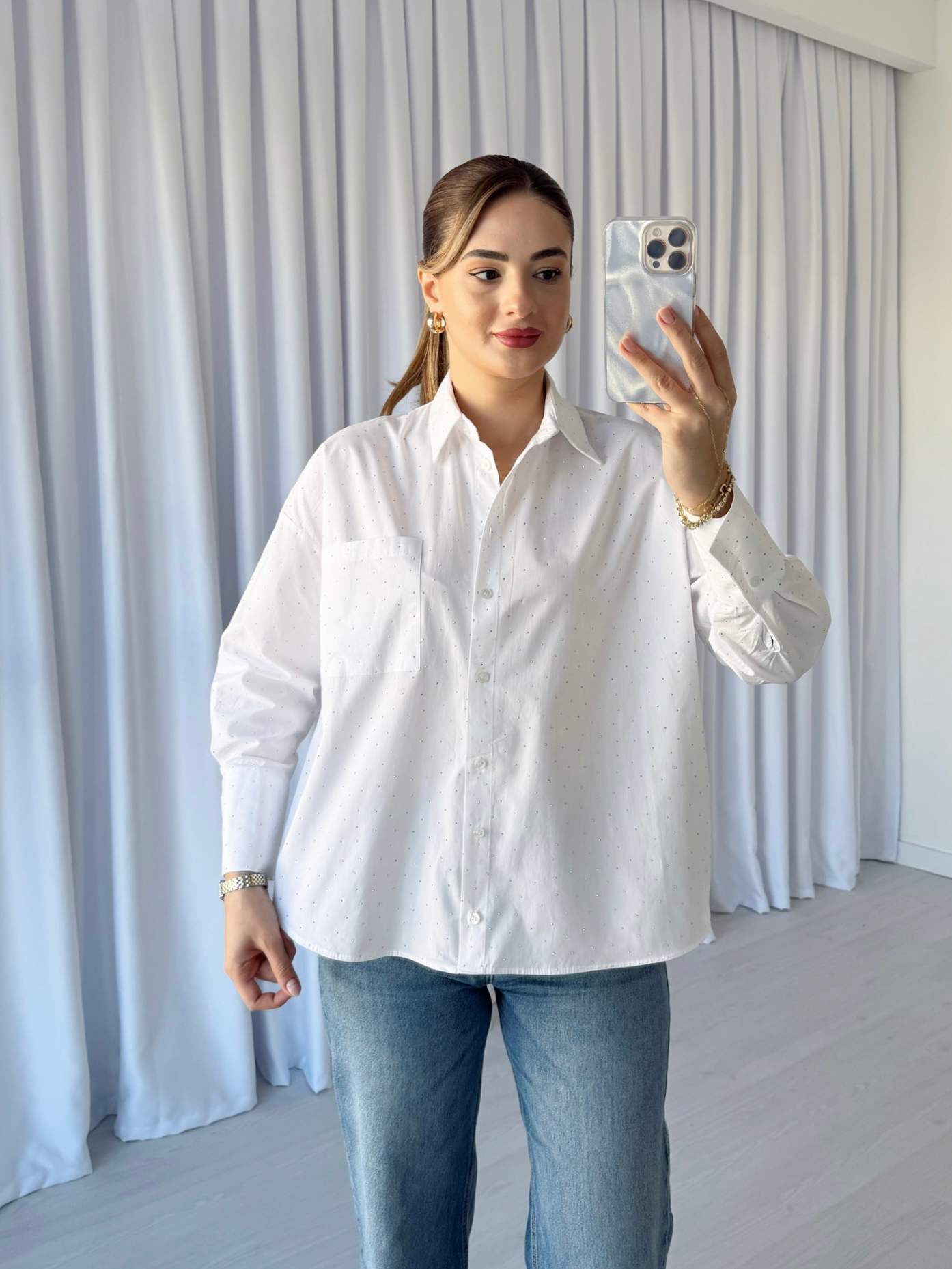 Taş Süslemeli Poplin Gömlek