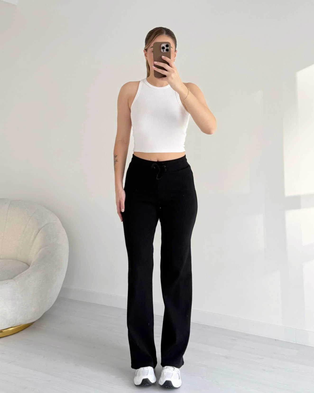 Bol Paça Fitilli Penye Pantolon - Siyah