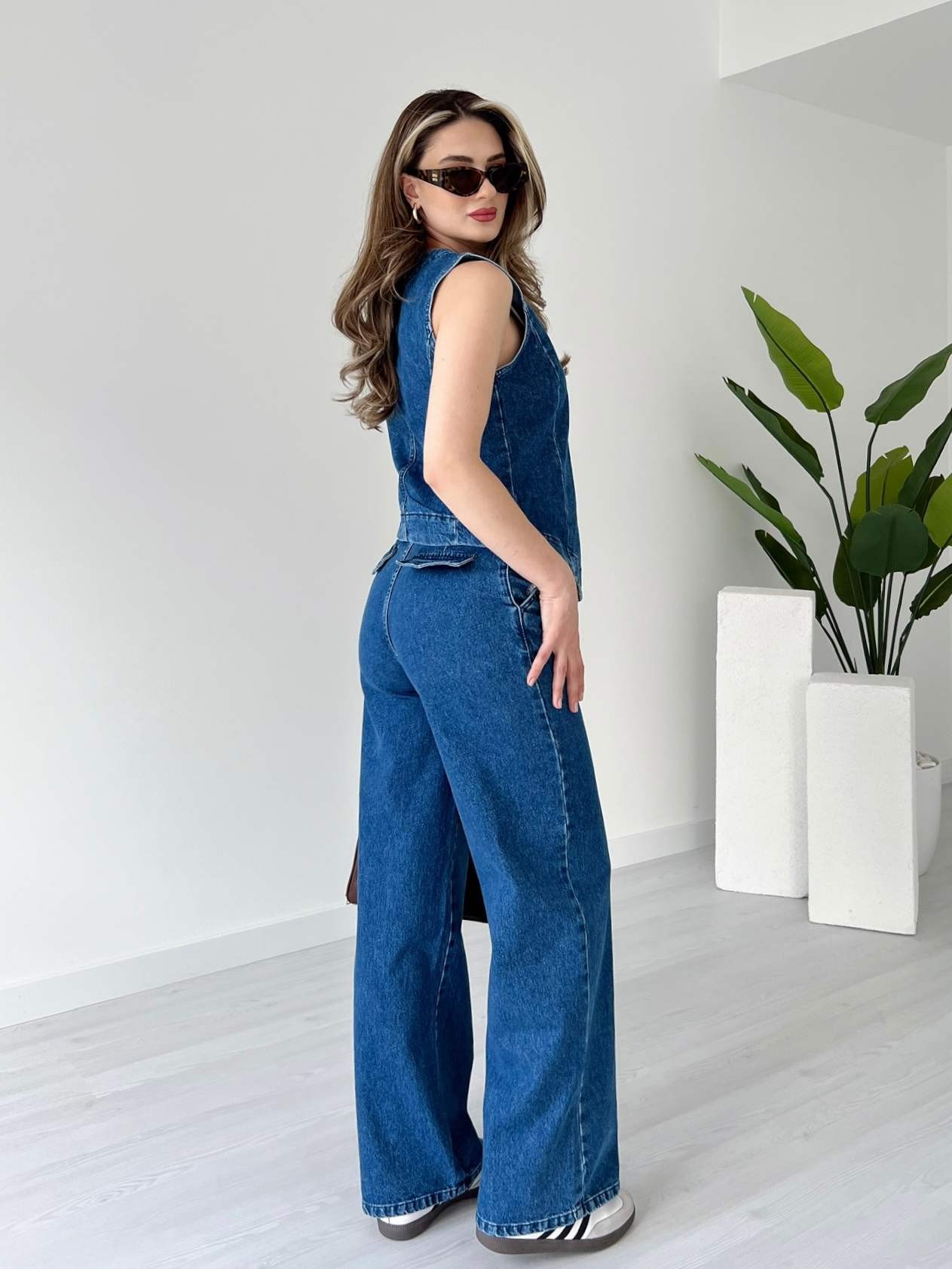 Asimetrik Yelekli Denim Takım - Mavi