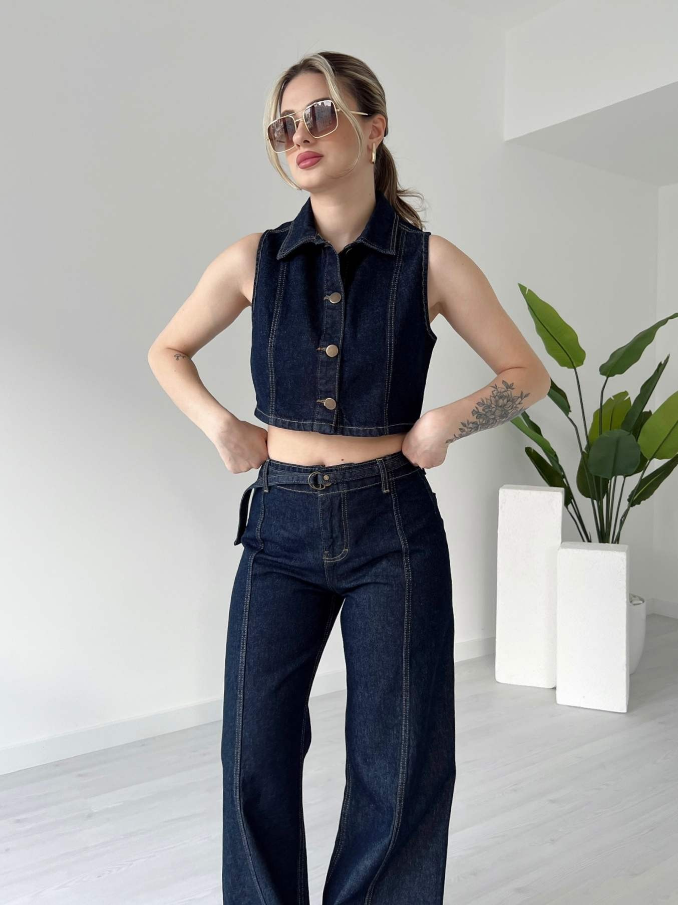 İnce Kemerli Pantolon Yelek Denim Takım