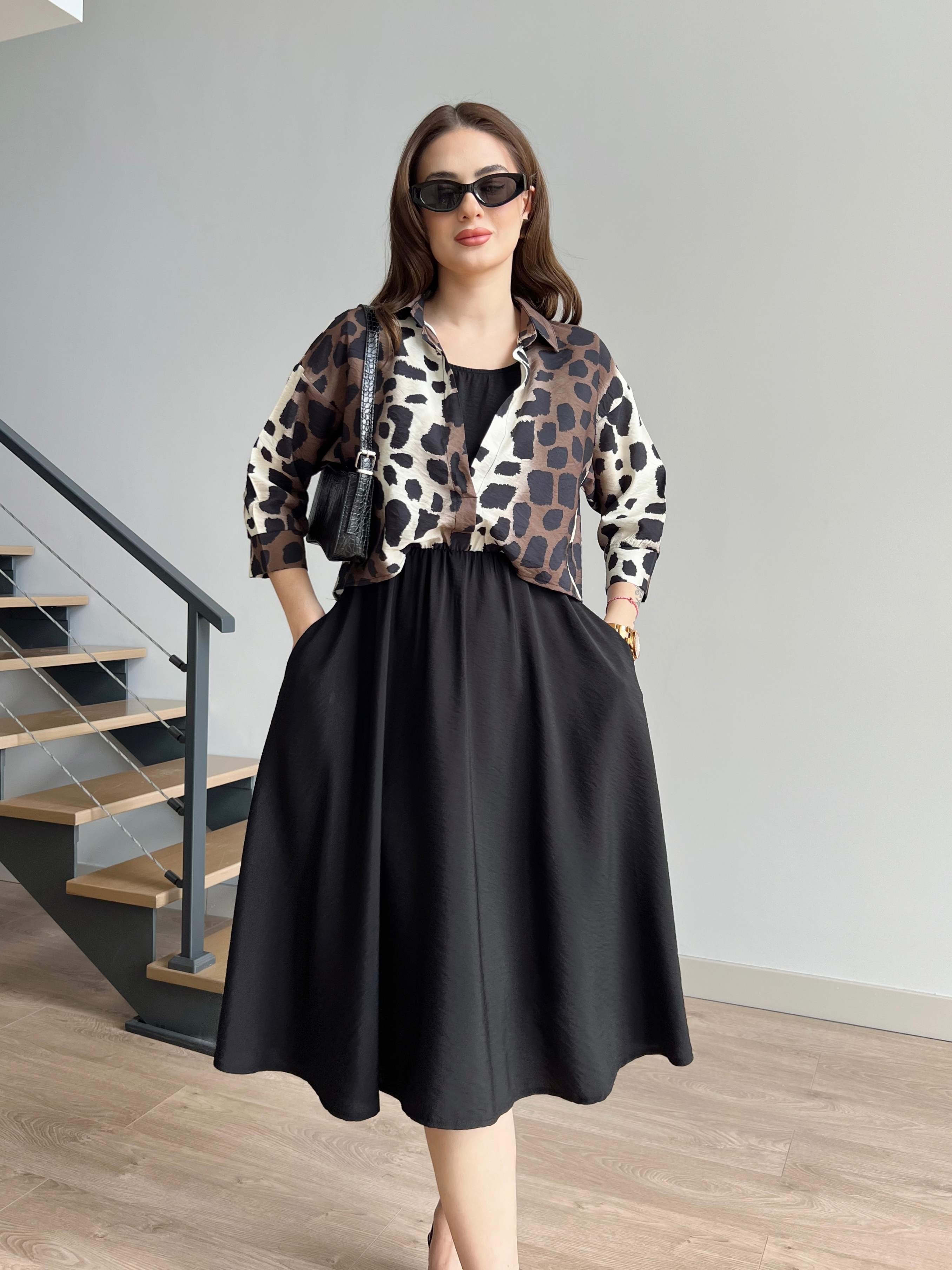 Leopar Desen Bluz Detaylı Elbise