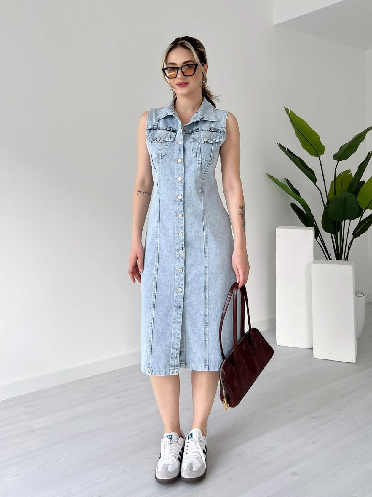 Midi Boy Önü Düğmeli Denim Elbise