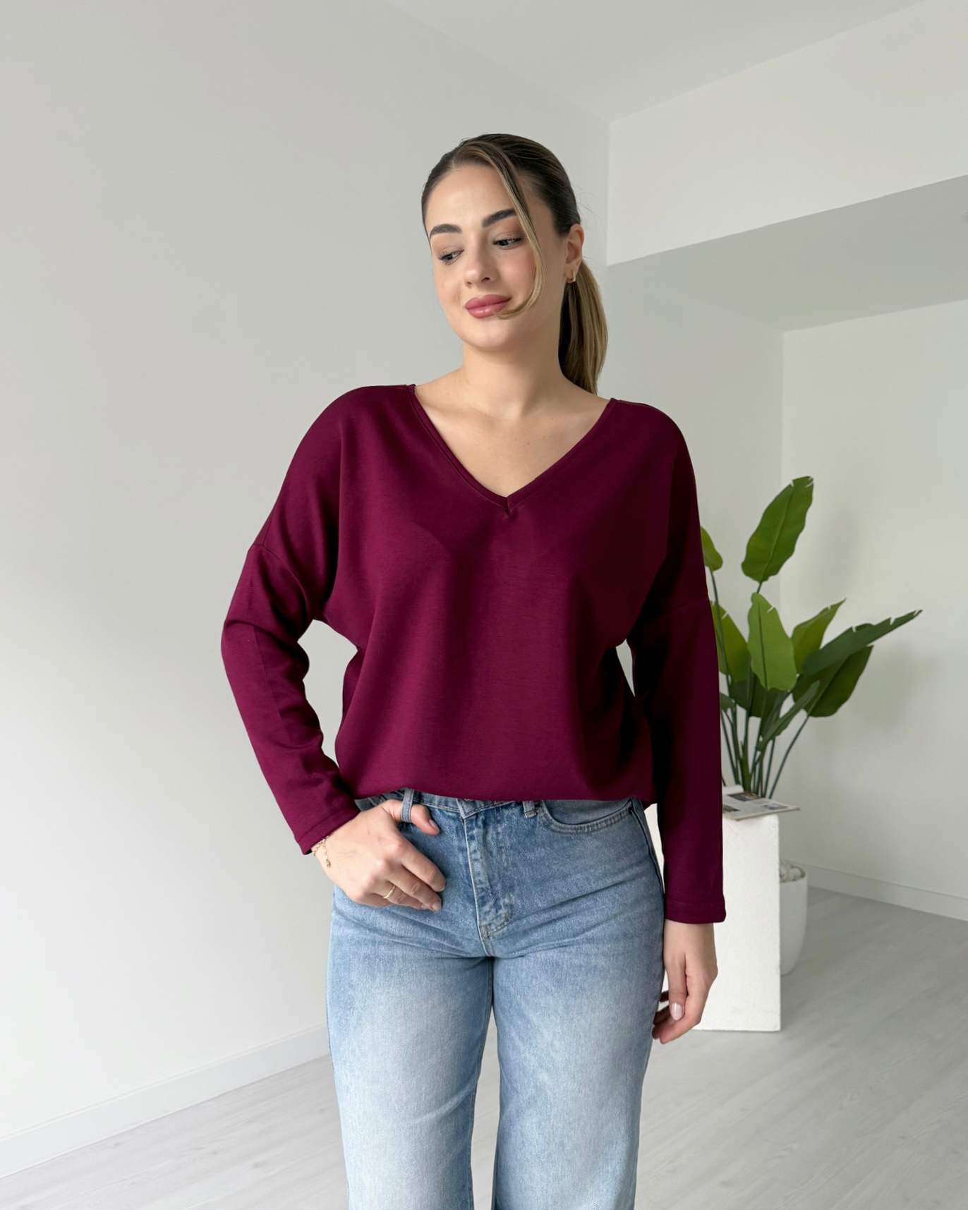 Ön Arka V Modal Bluz - Bordo