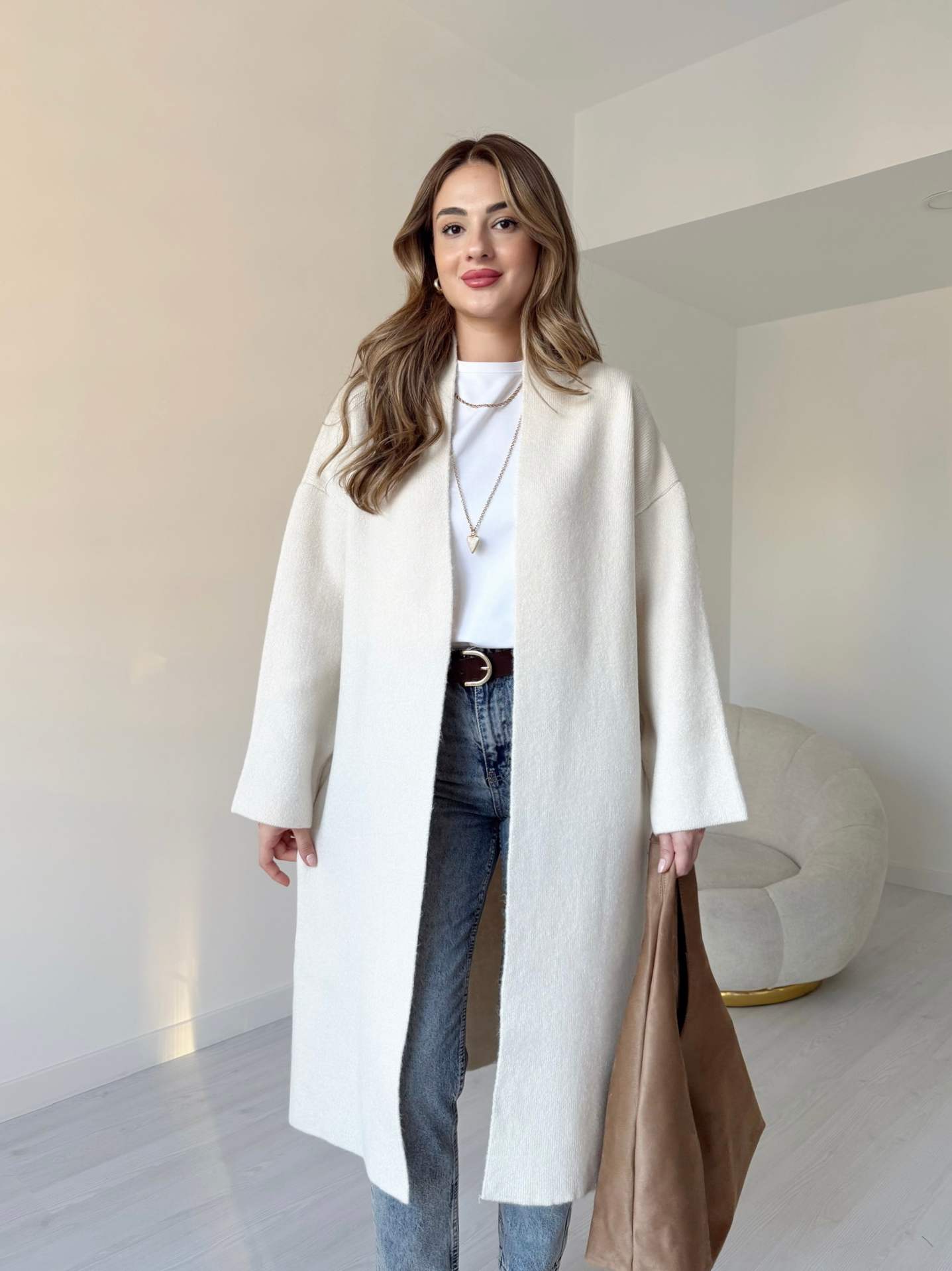 Premium Uzun Triko Hırka - Ekru