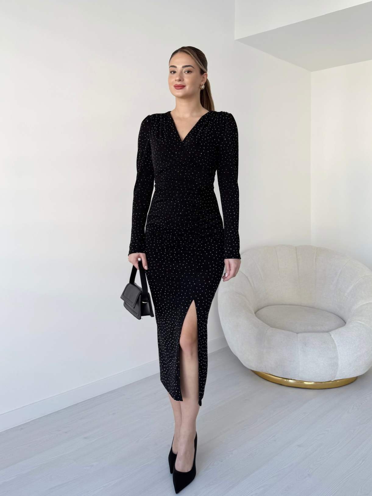 Kruvaze Yaka Taşlı Tasarım Elbise