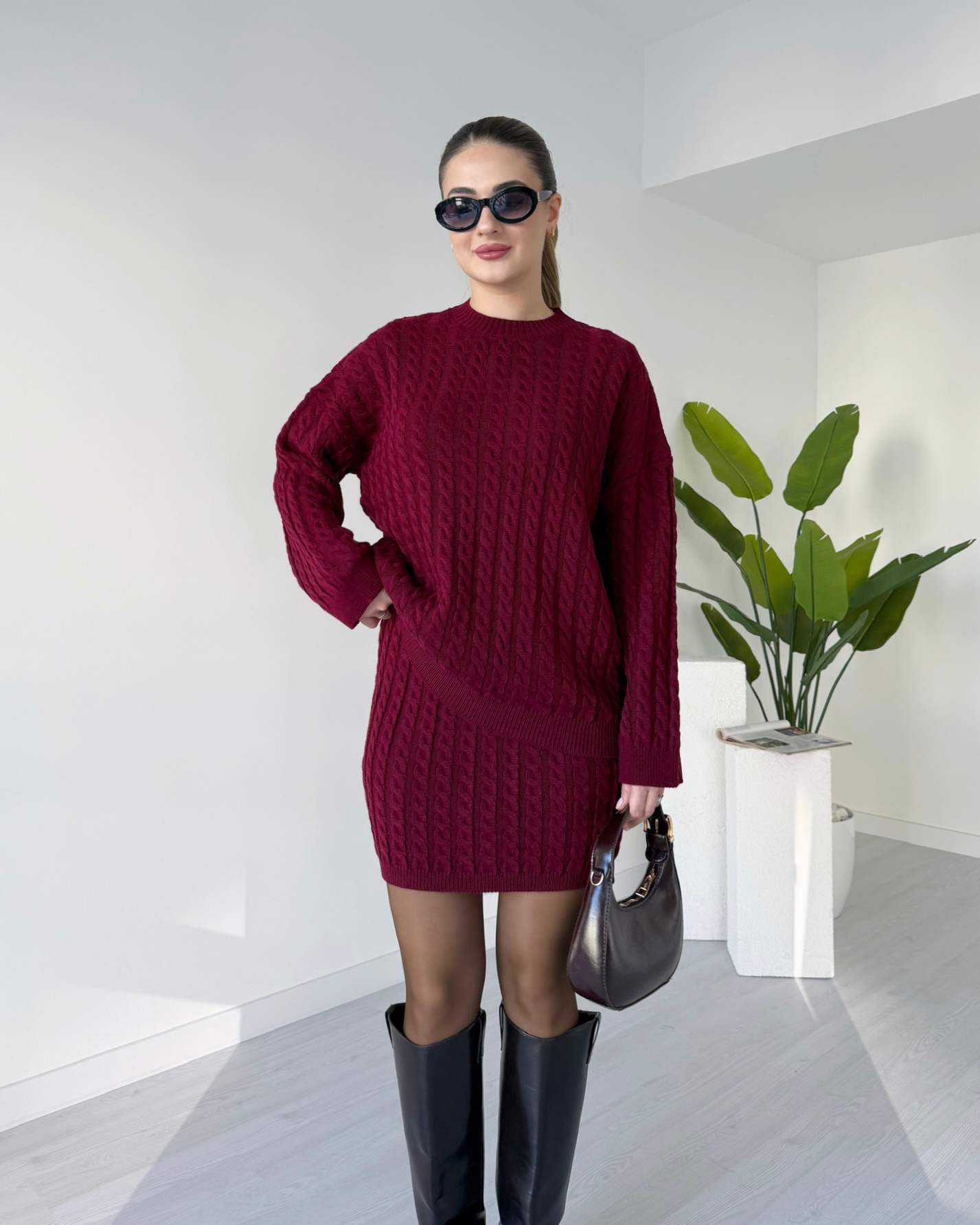 Saç Örgü Etekli Triko Takım - Bordo