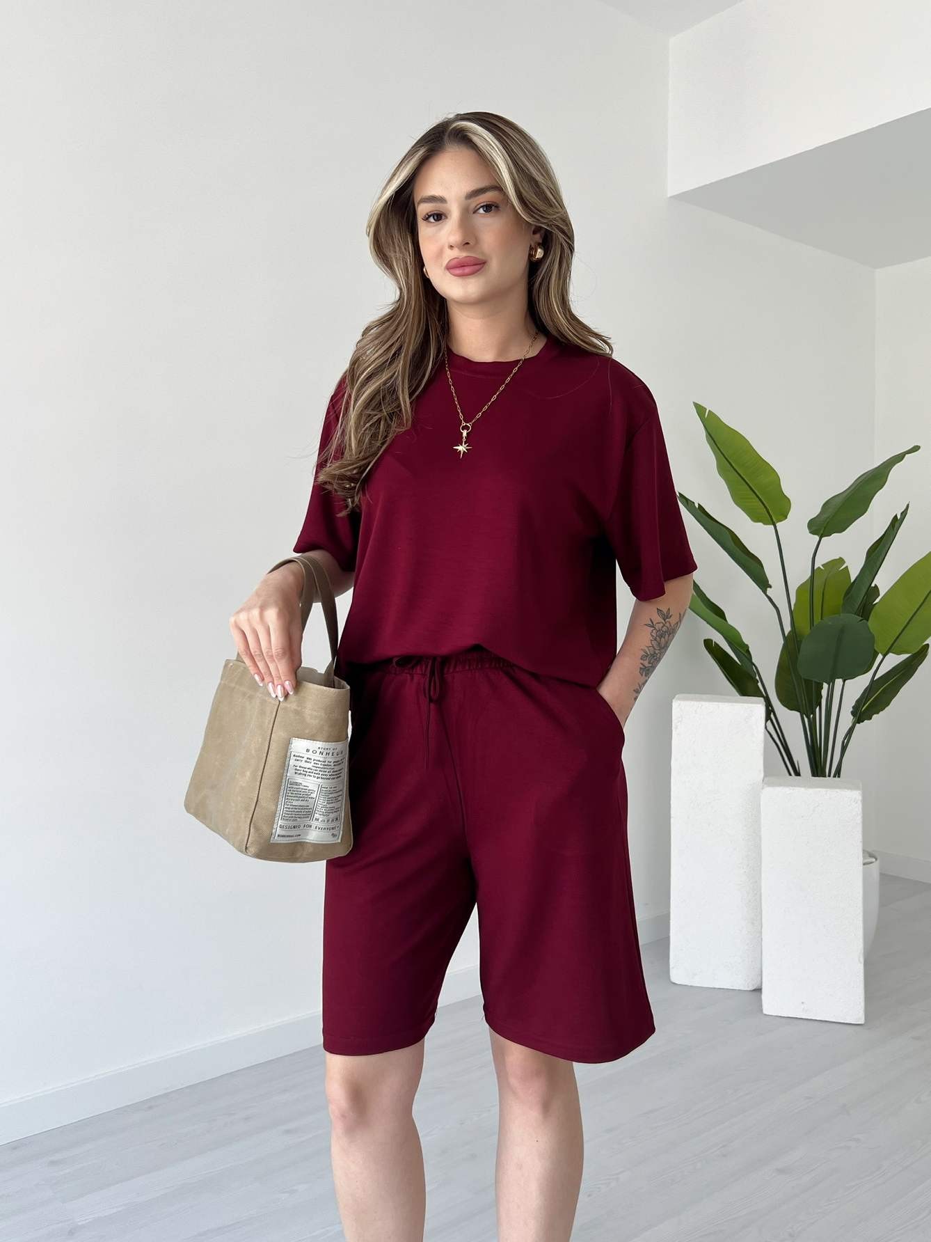 Modal Kumaş Şortlu Takım - Bordo
