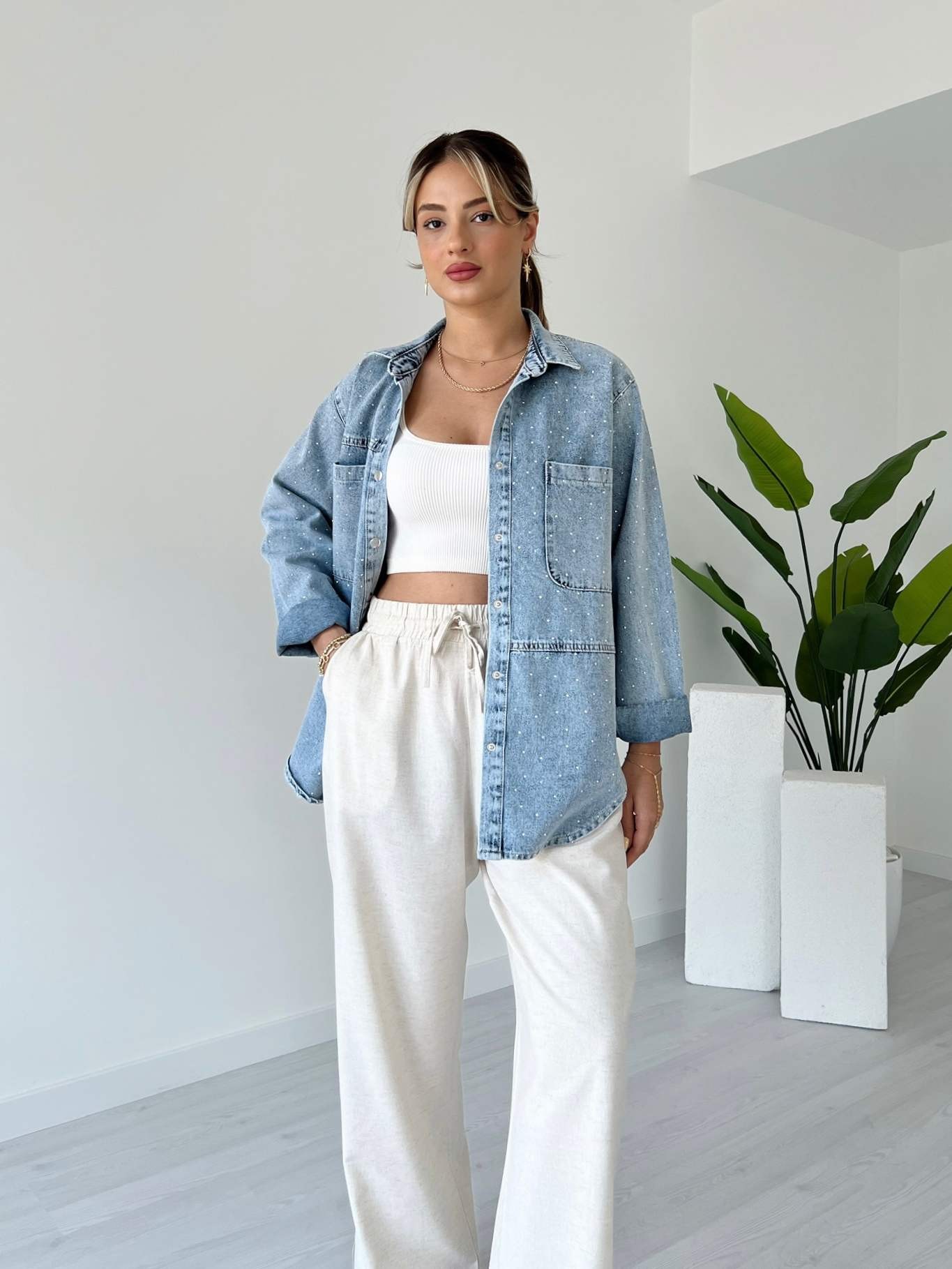 Serpme Taşlı Denim Gömlek - Açık Mavi