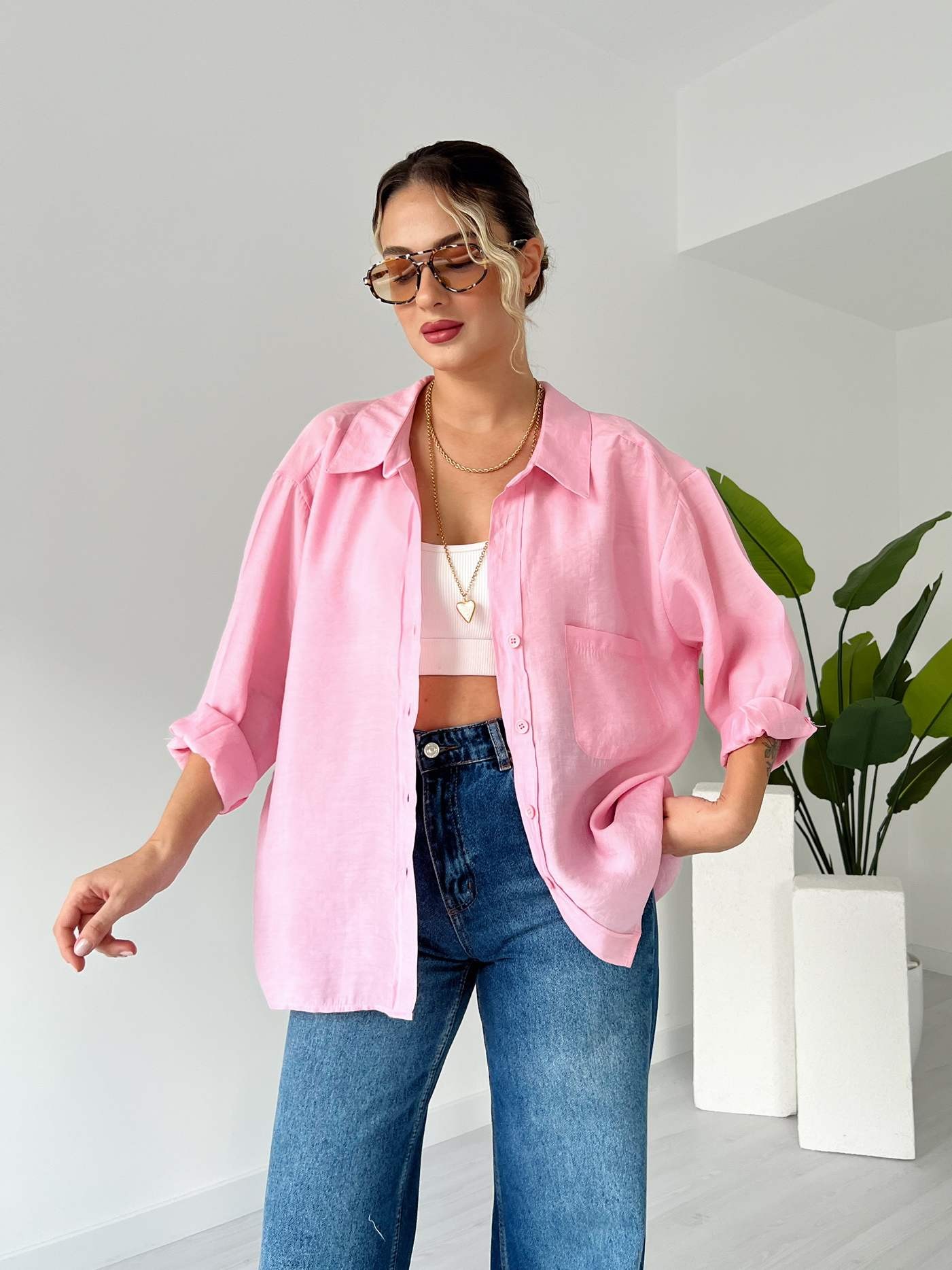 Düşük Omuz Pamuklu Oversize Gömlek - Açık Pembe
