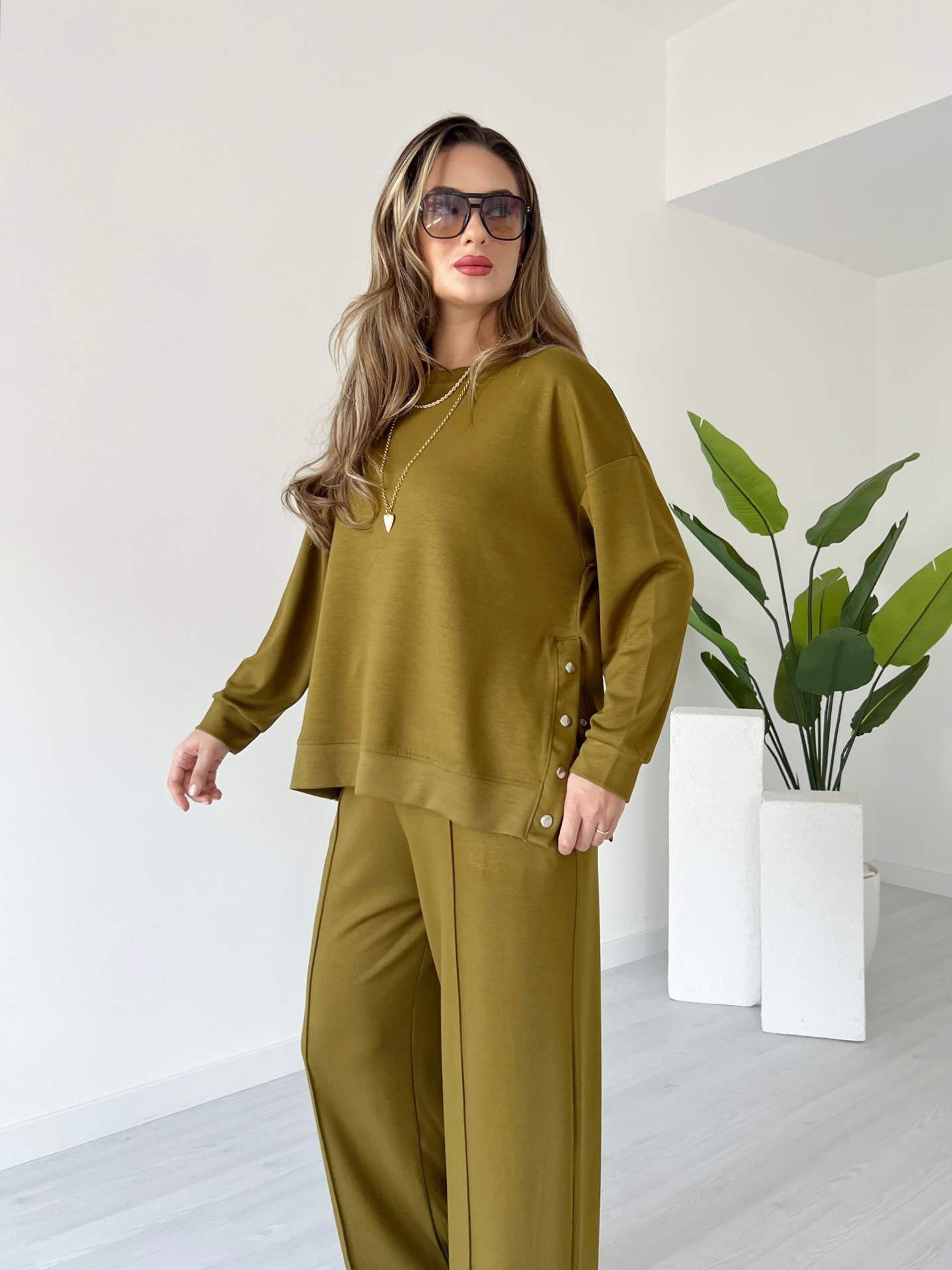 Modal Kumaş Çıtçıtlı Takım - Olive Yeşil