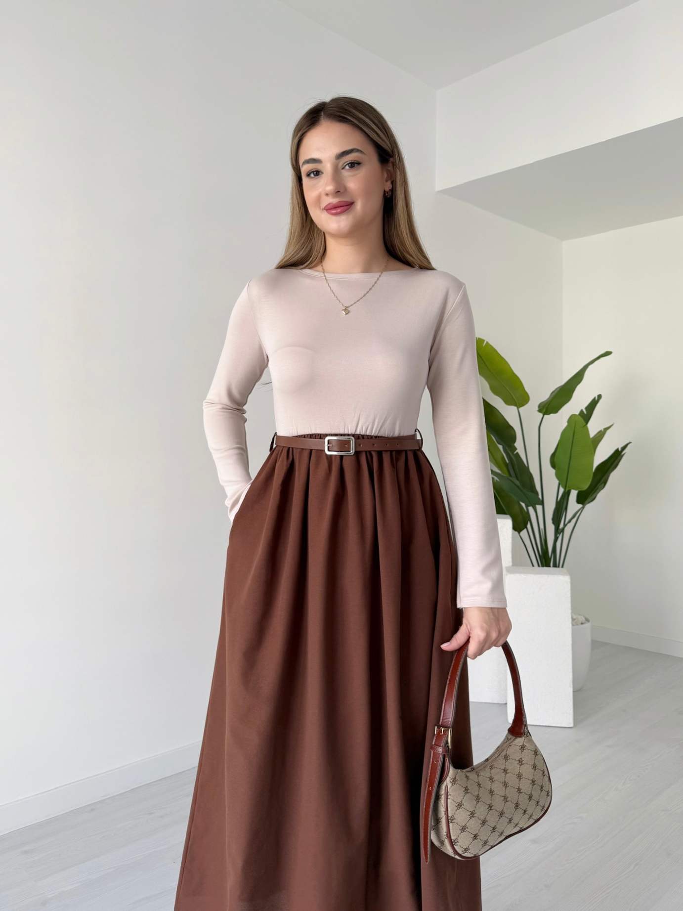 Midi Boy Kemerli Uzun Kollu Elbise