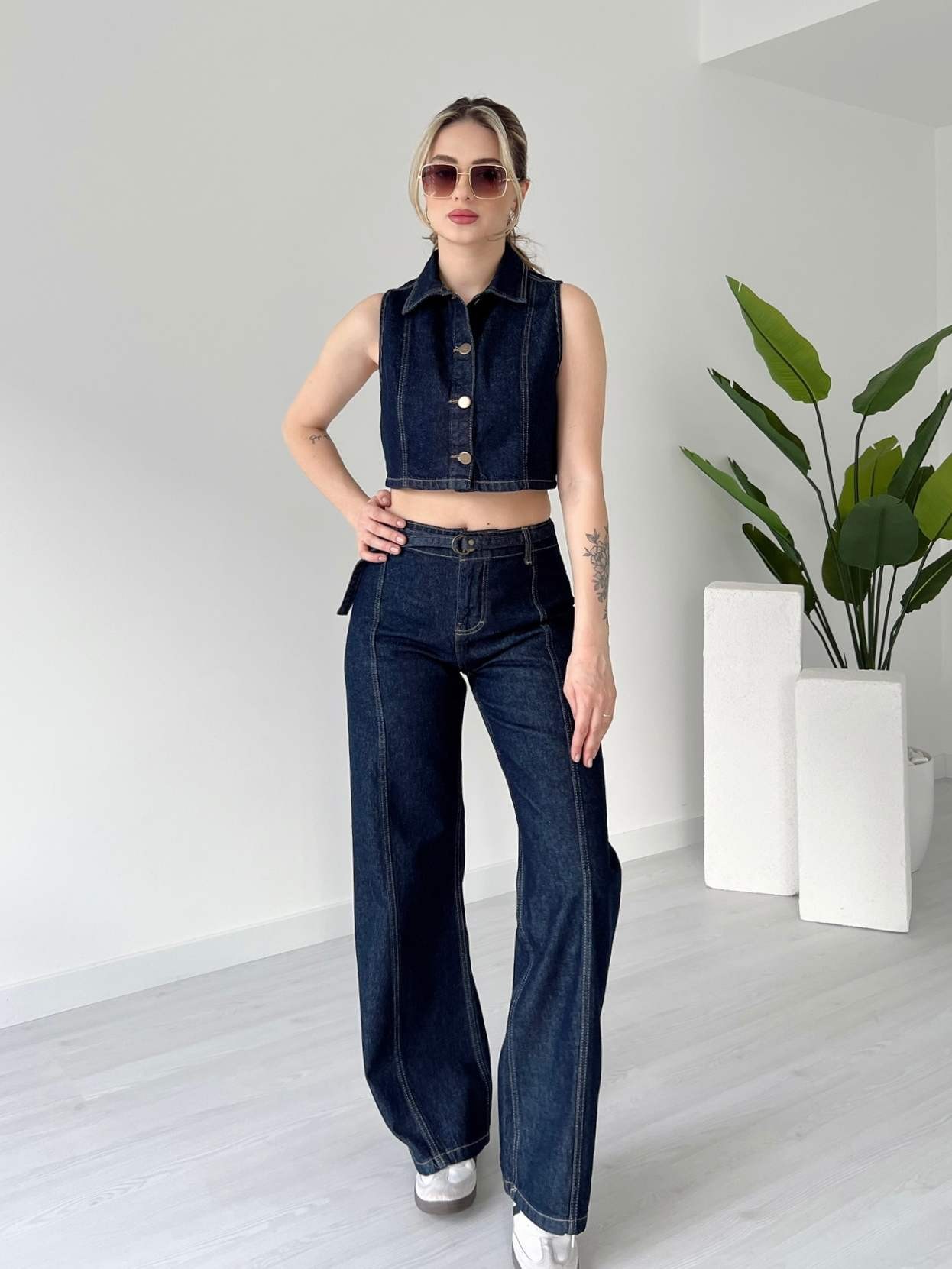 İnce Kemerli Pantolon Yelek Denim Takım