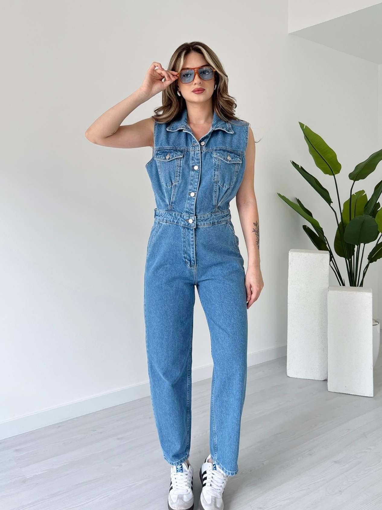 Cepli Denim Tulum - Açık Mavi