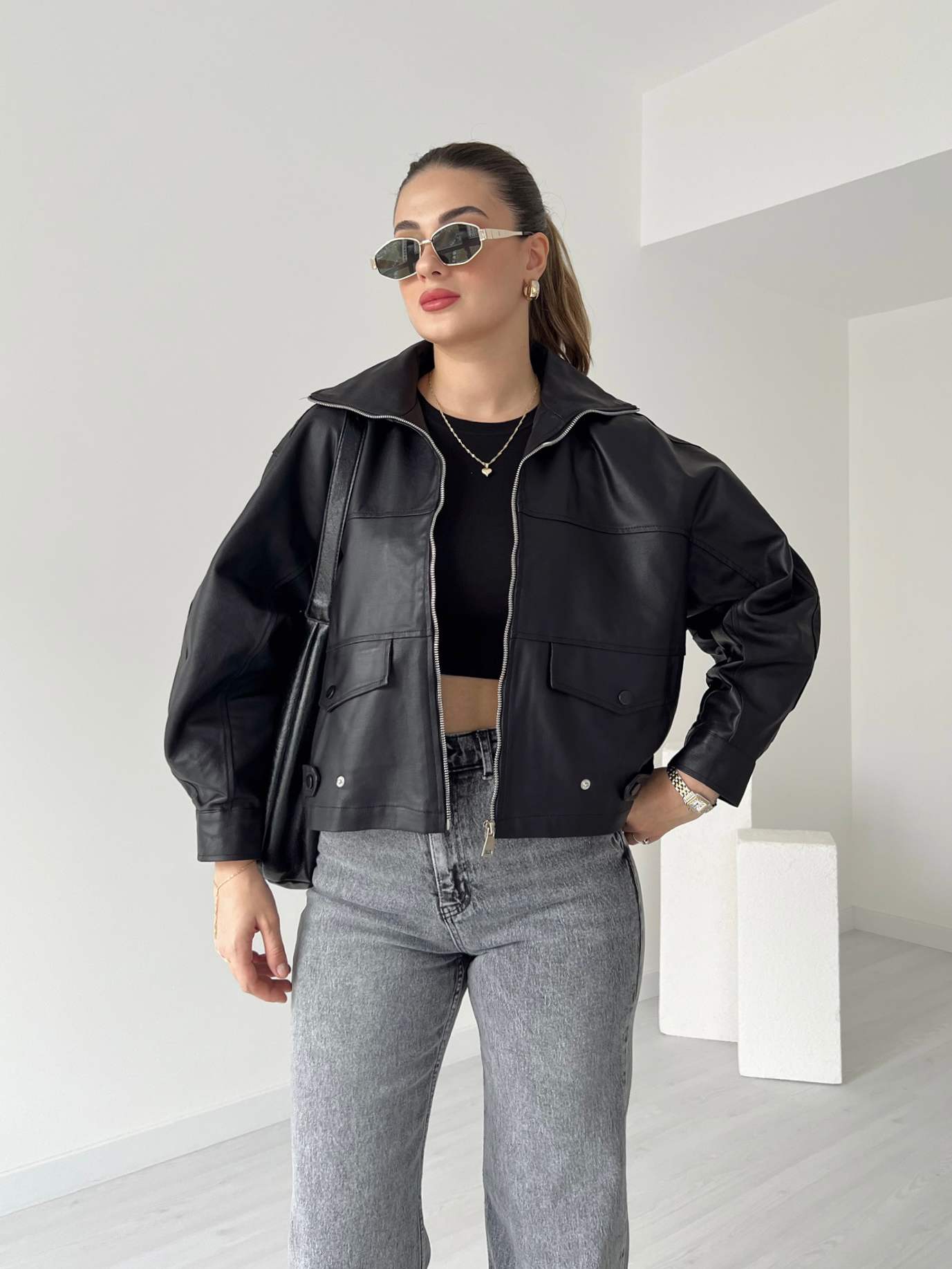 Oversize Mumlu Denim Ceket - Siyah