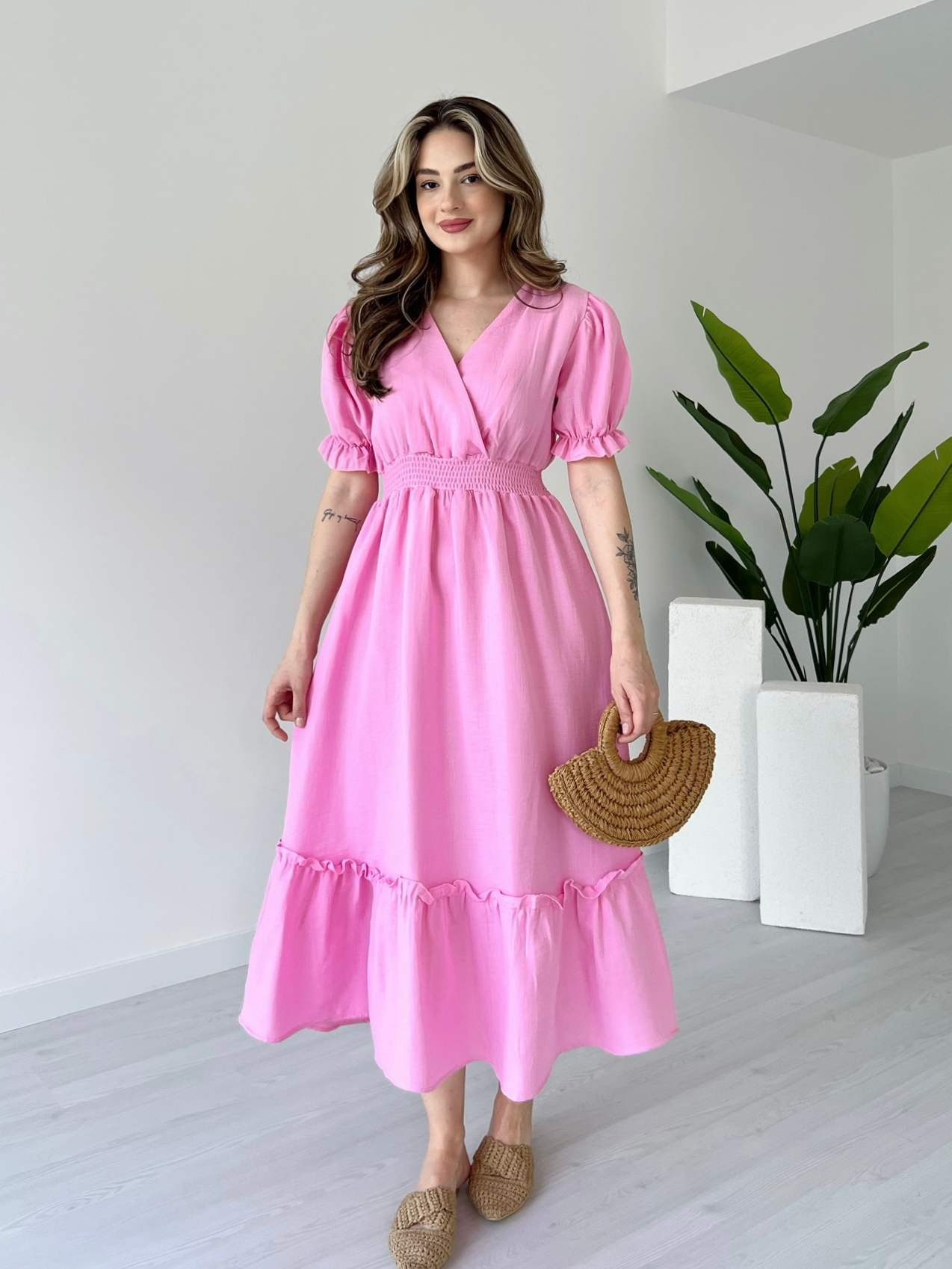Bel Gipeli Karpuz Kol Müslin Elbise - Pembe
