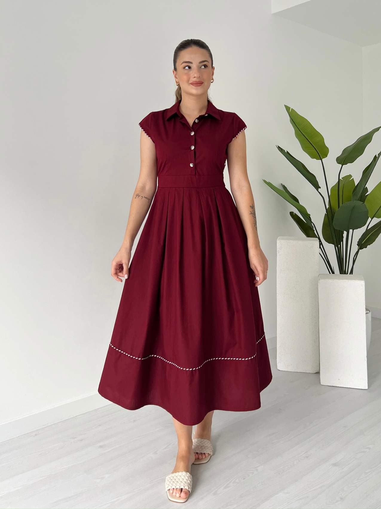 Renkli Dikişli Midi Boy Poplin Elbise - Bordo