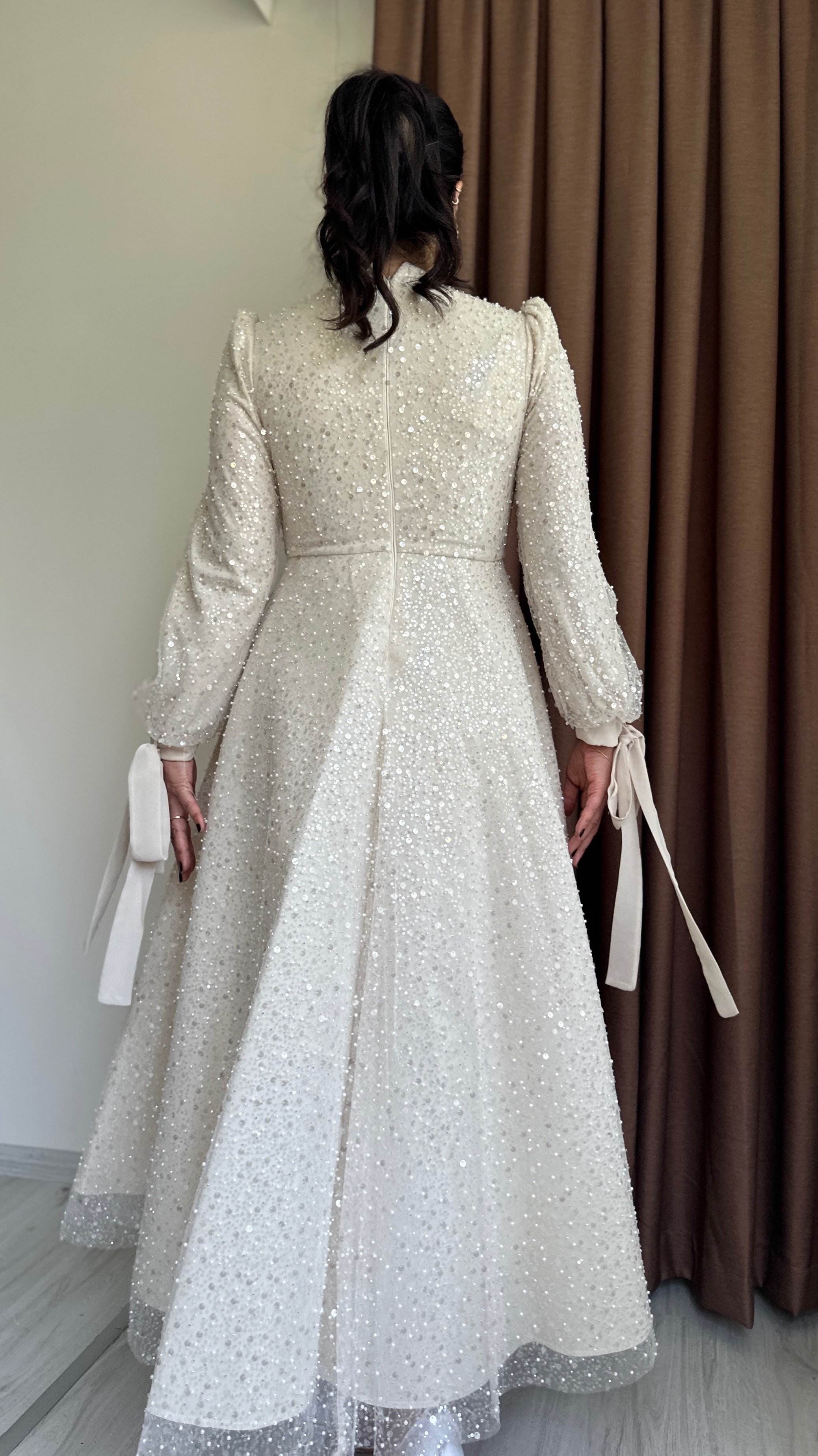 Manetta Taşlı Abiye - Krem