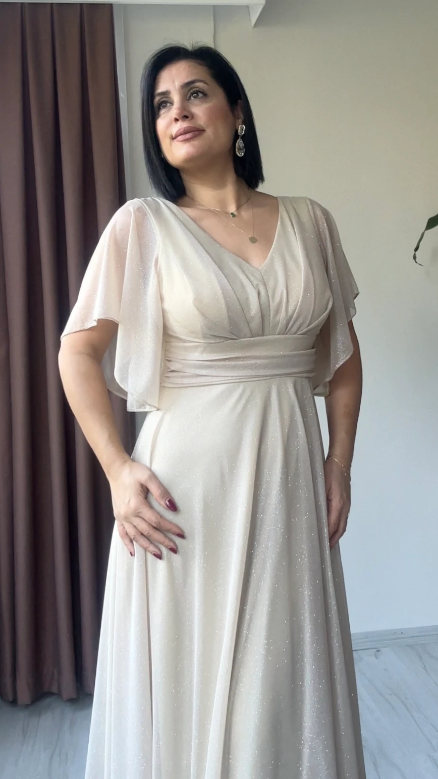 Ela Işıltılı Şifon Abiye - Bej