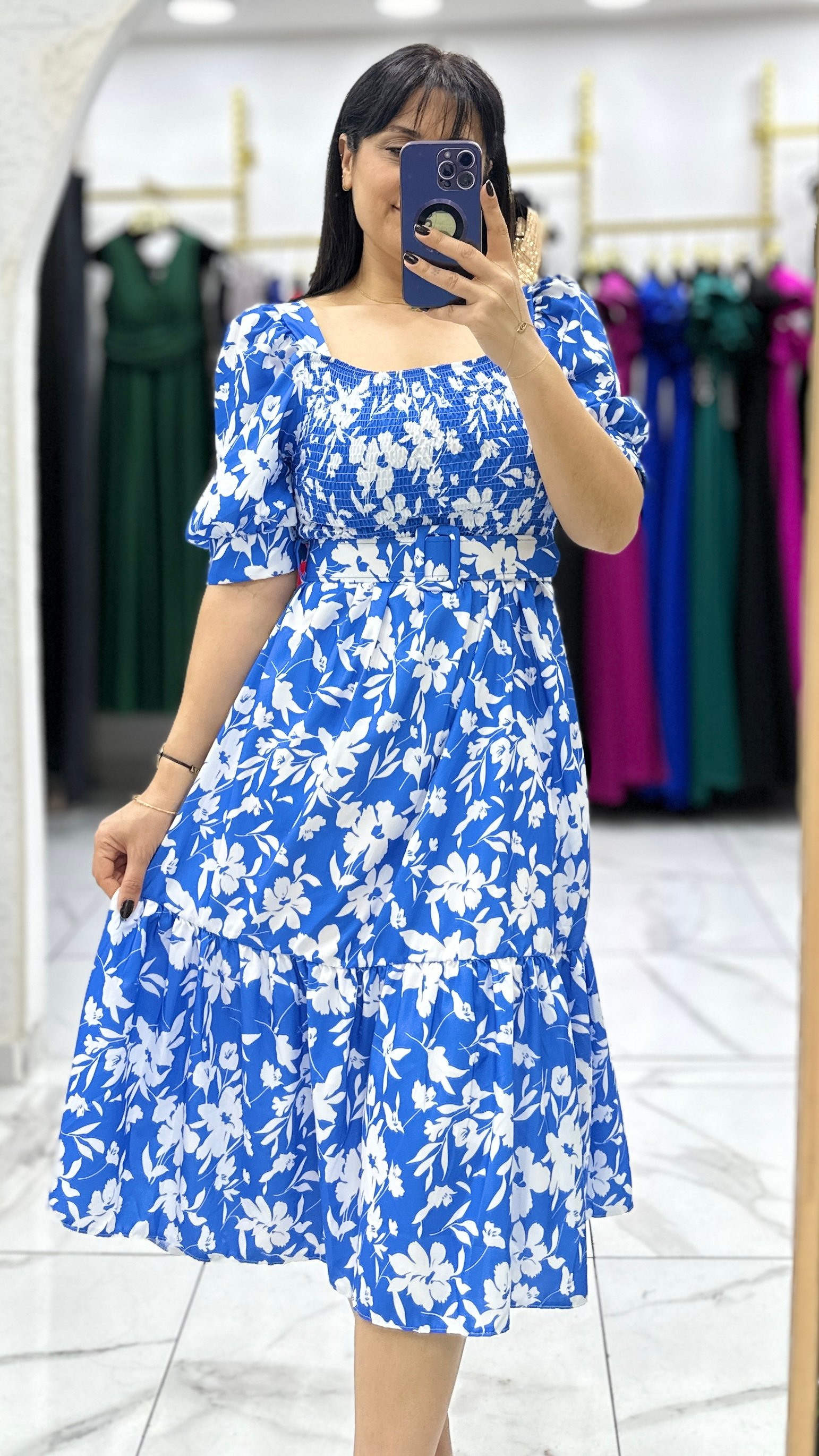 Flower Kemerli Gipe Elbise - Mavi