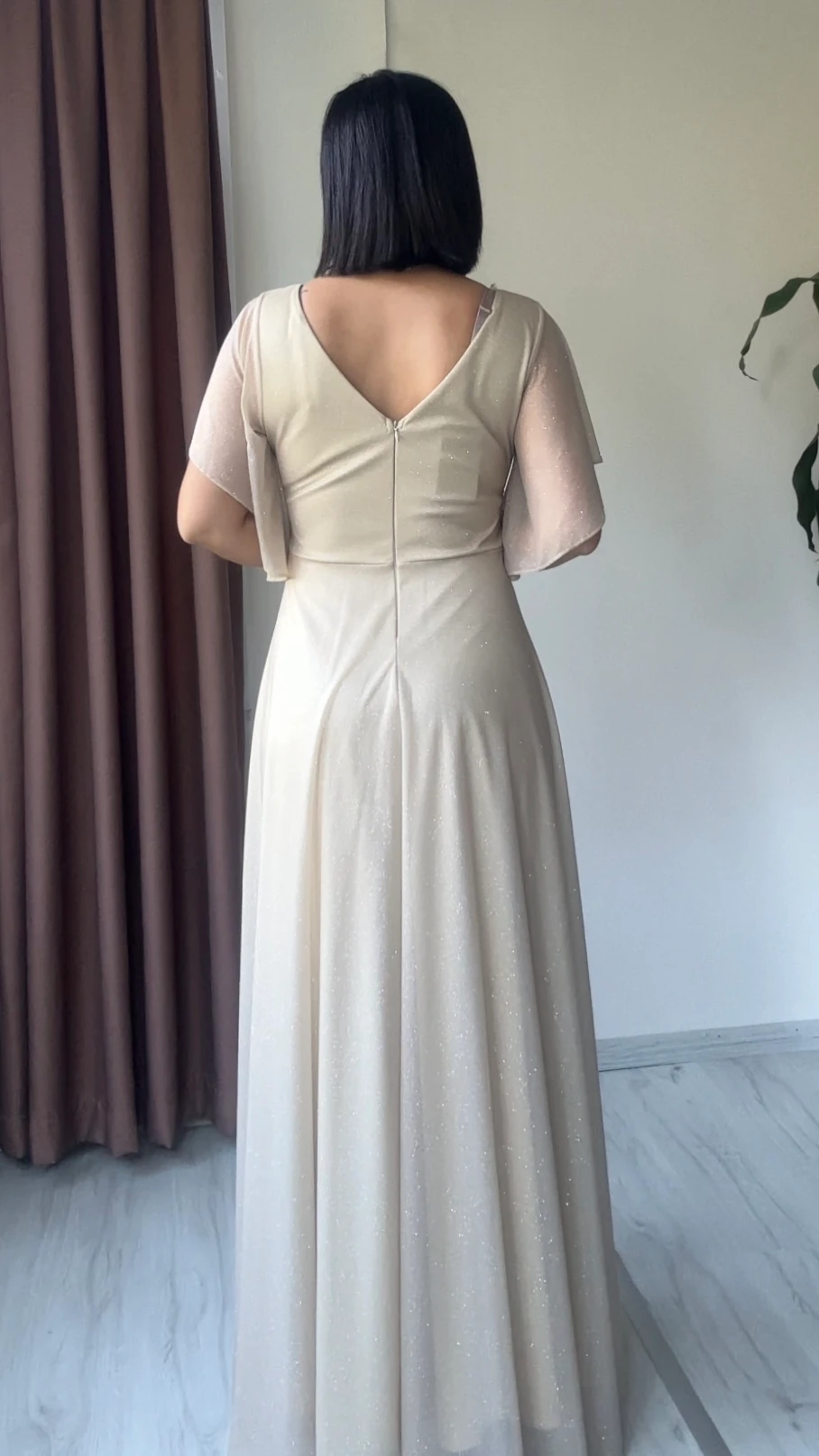 Ela Işıltılı Şifon Abiye - Bej