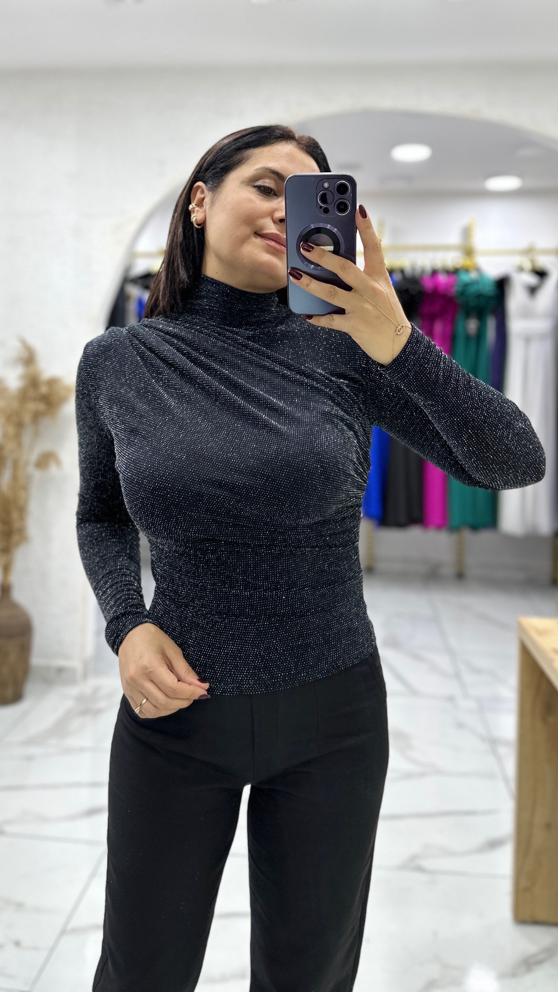 Drapeli Simli Bluz - Gri