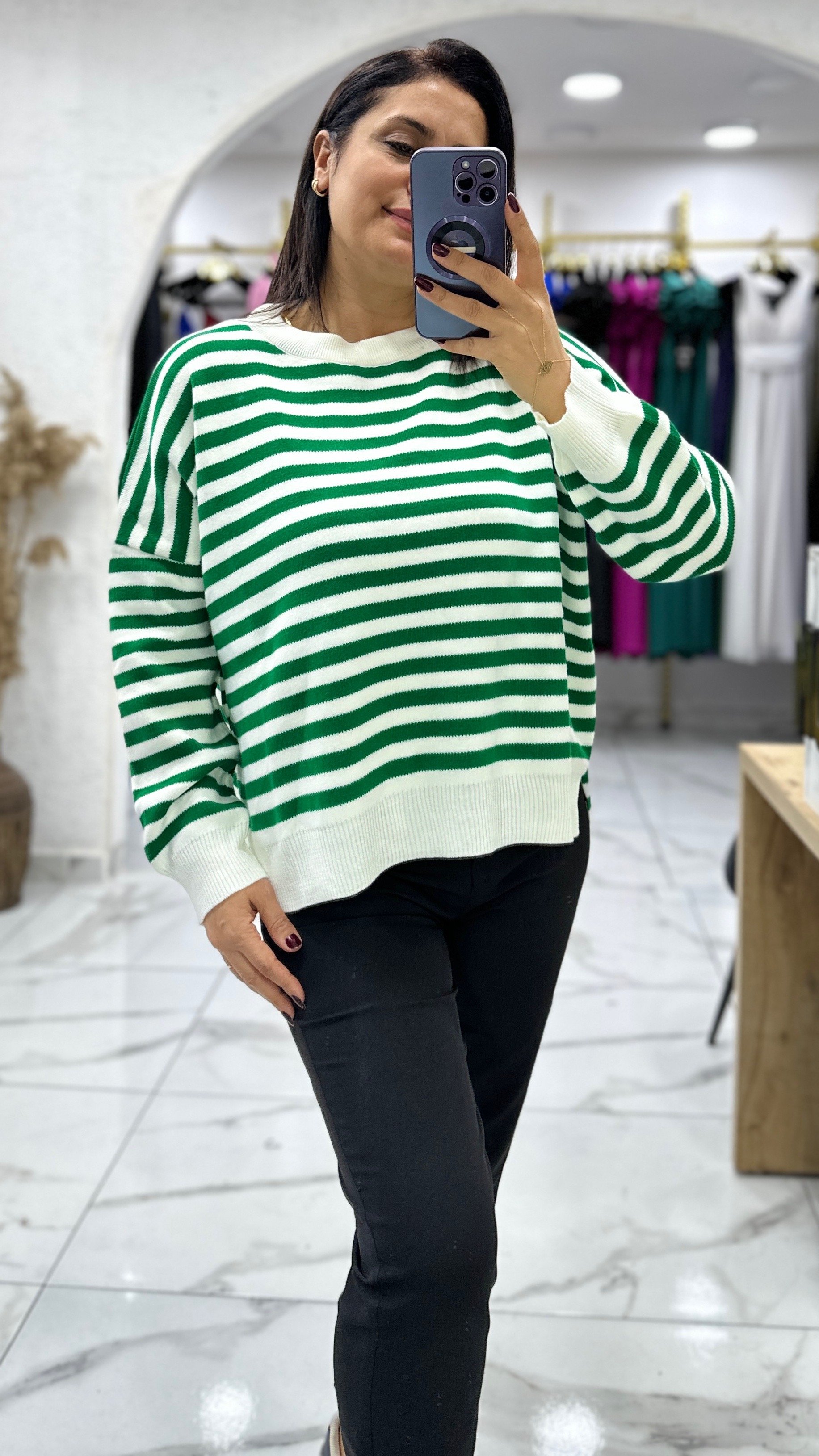 Çizgili Oversize Kazak - Yeşil
