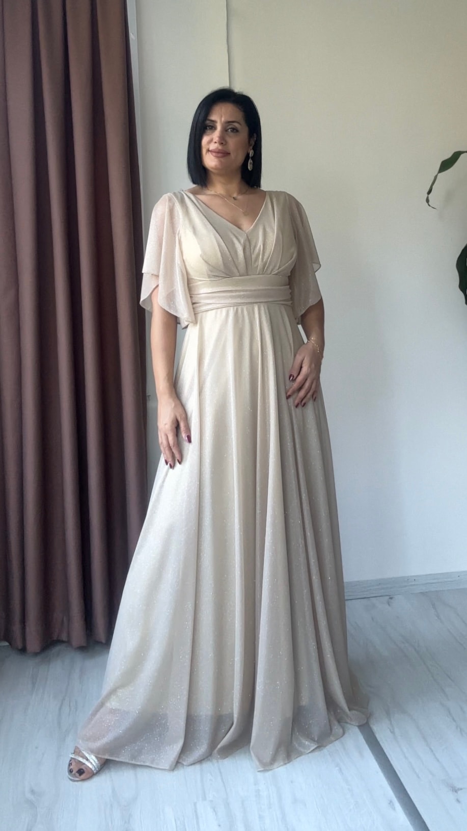 Ela Işıltılı Şifon Abiye - Bej