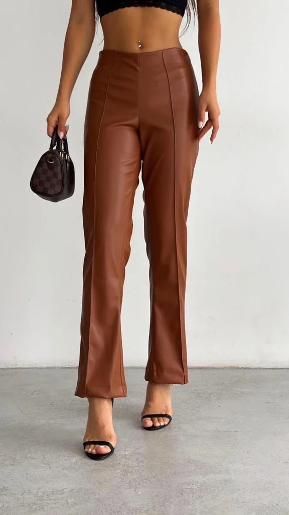 Çımalı Deri Pantolon - Taba