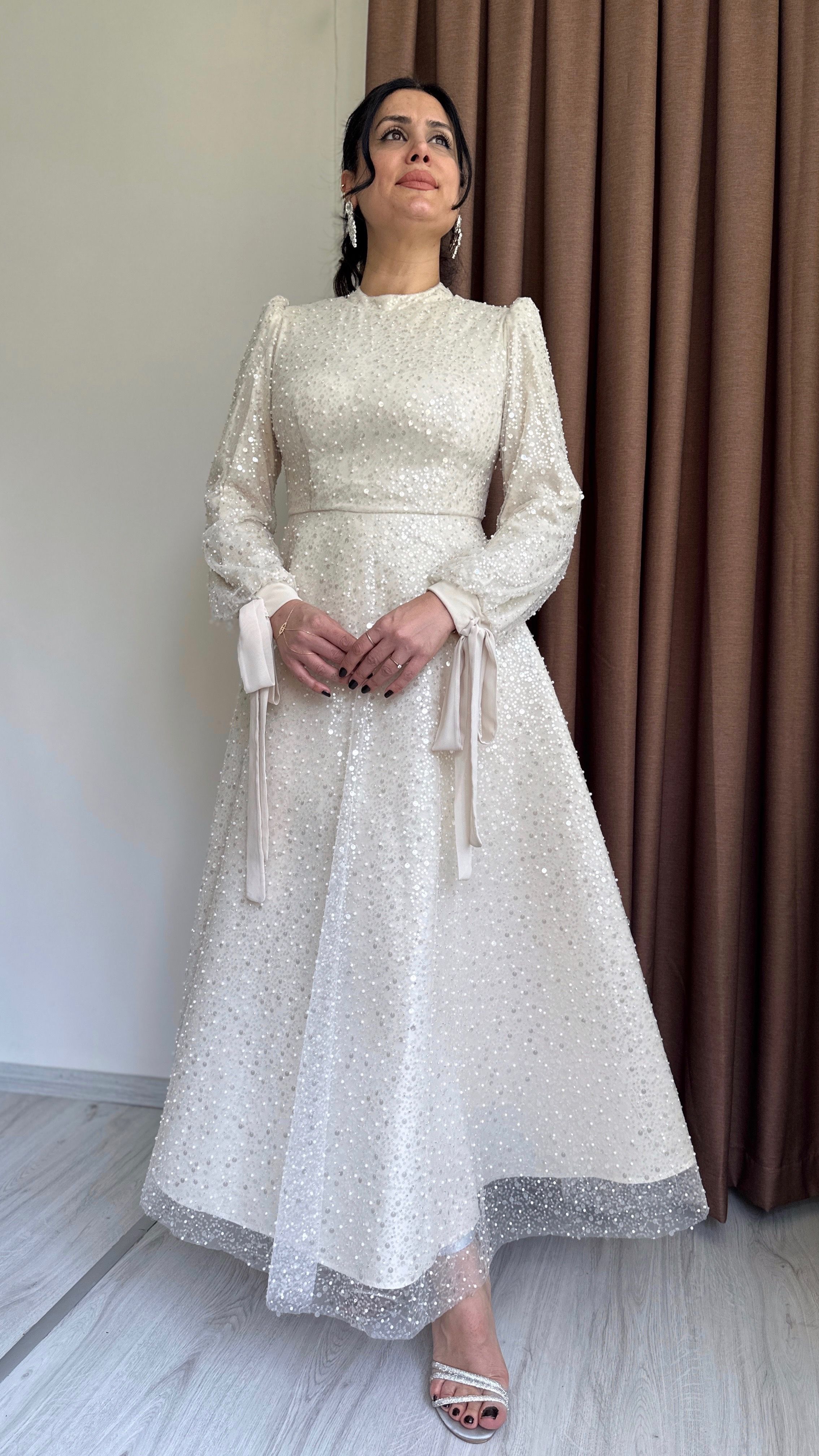 Manetta Taşlı Abiye - Krem