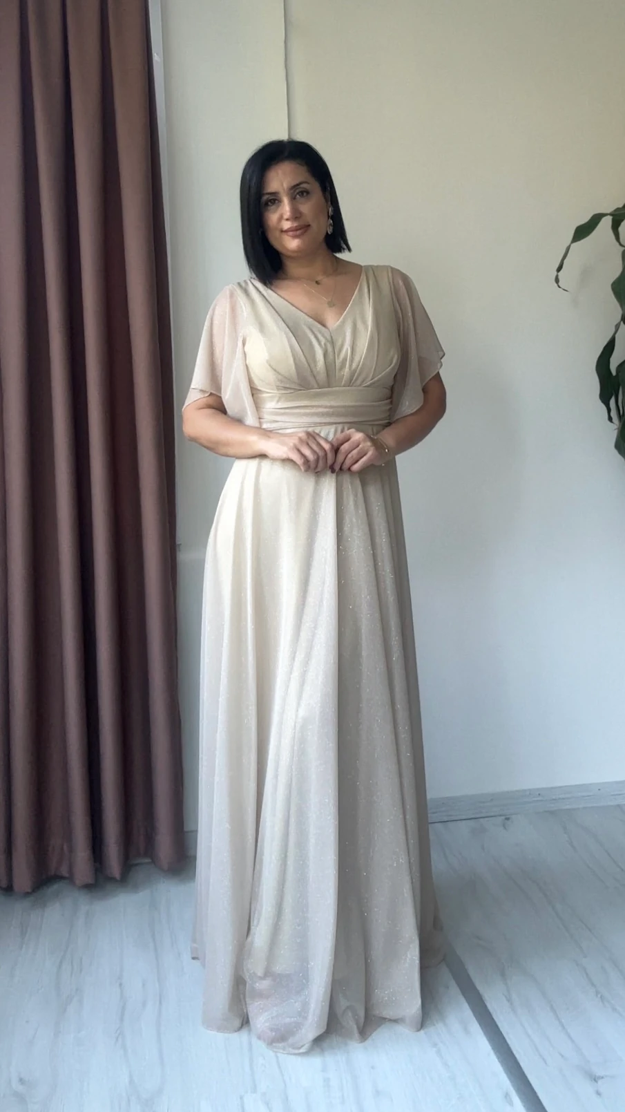 Ela Işıltılı Şifon Abiye - Bej