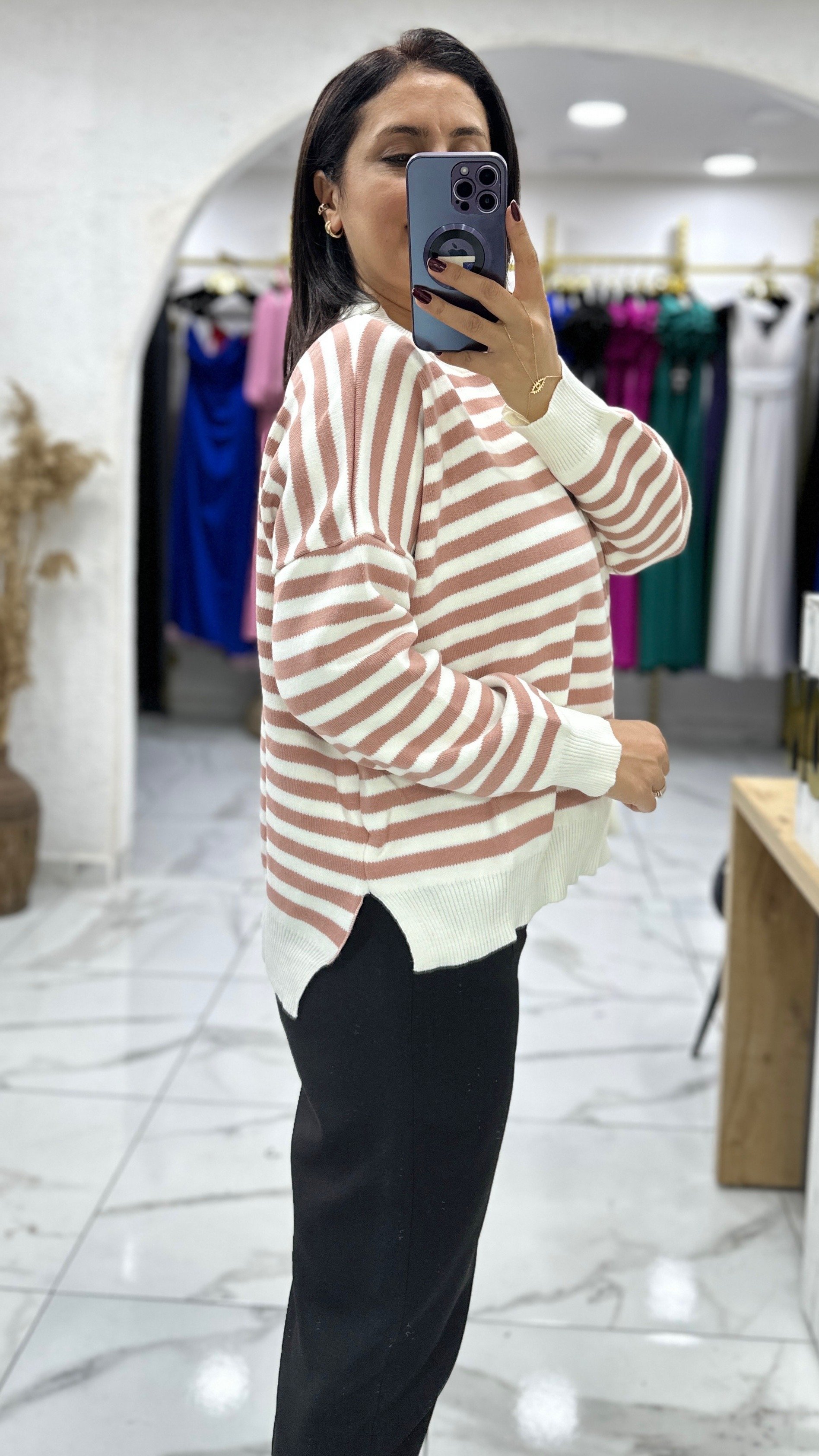 Çizgili Oversize Kazak - Gül Kurusu
