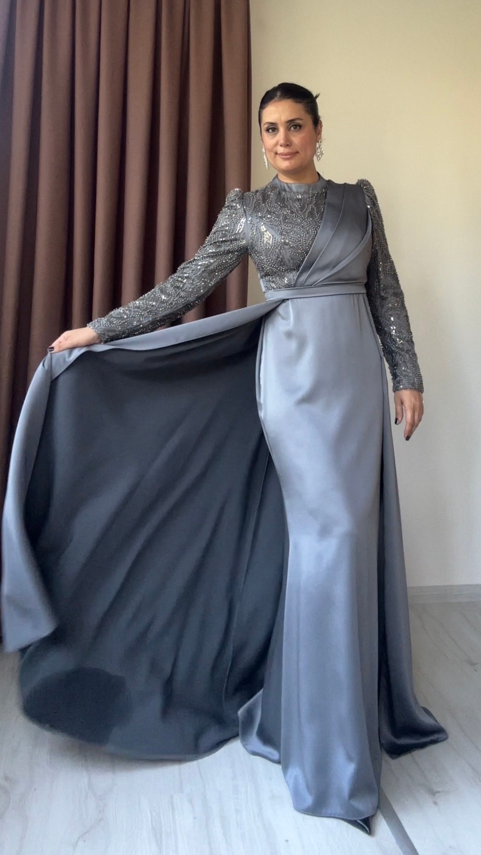 Siva Taşlı Saten Abiye - Gri