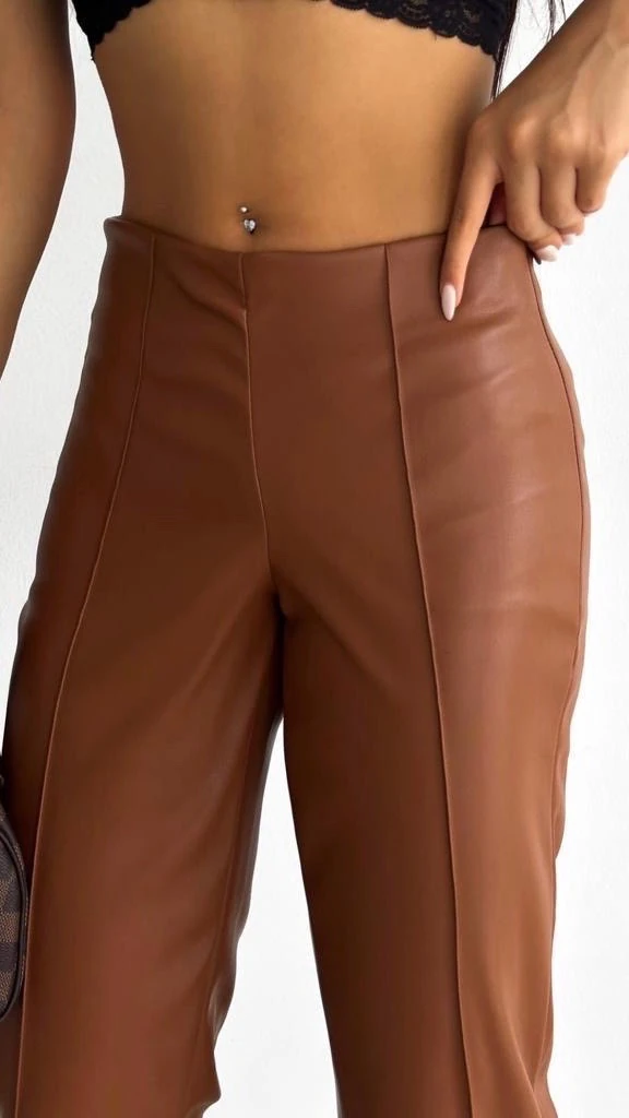 Çımalı Deri Pantolon - Taba