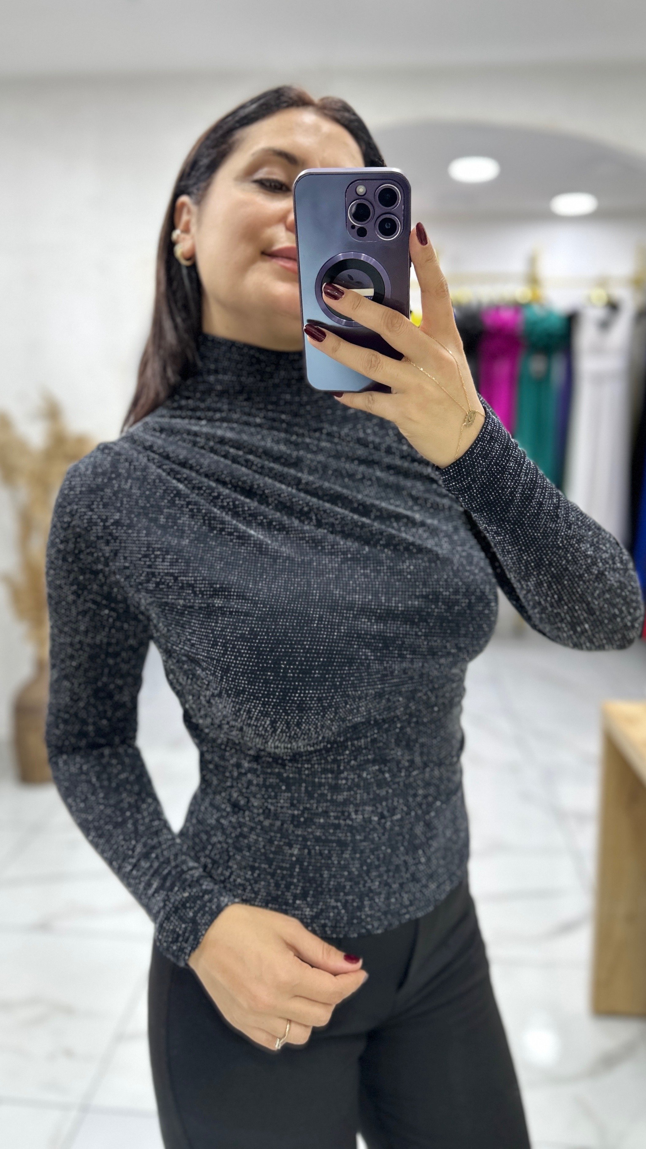 Drapeli Simli Bluz - Gri