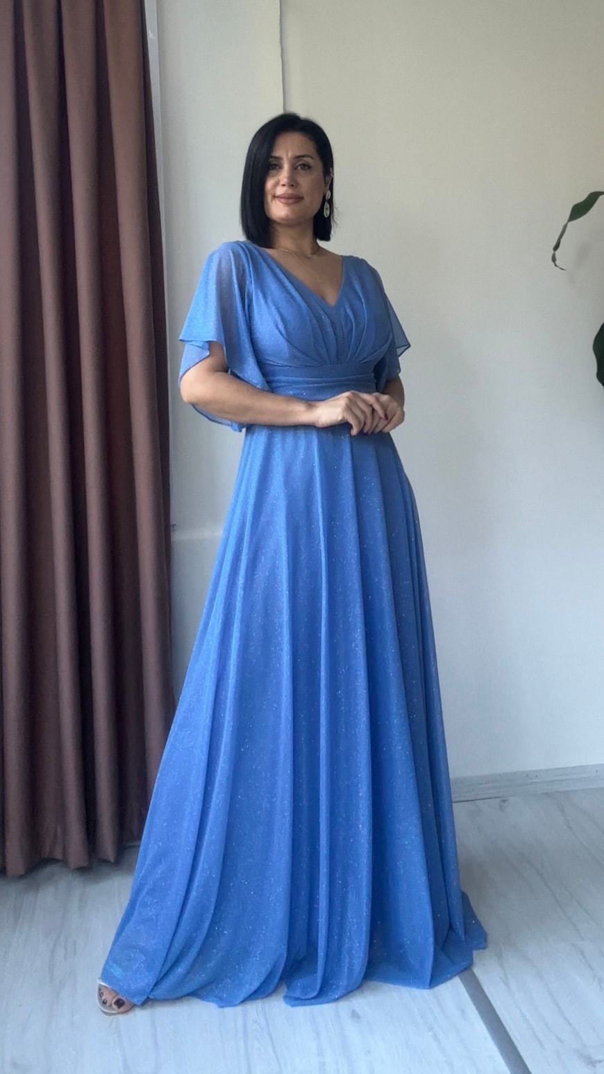 Ela Işıltılı Şifon Abiye - Mavi