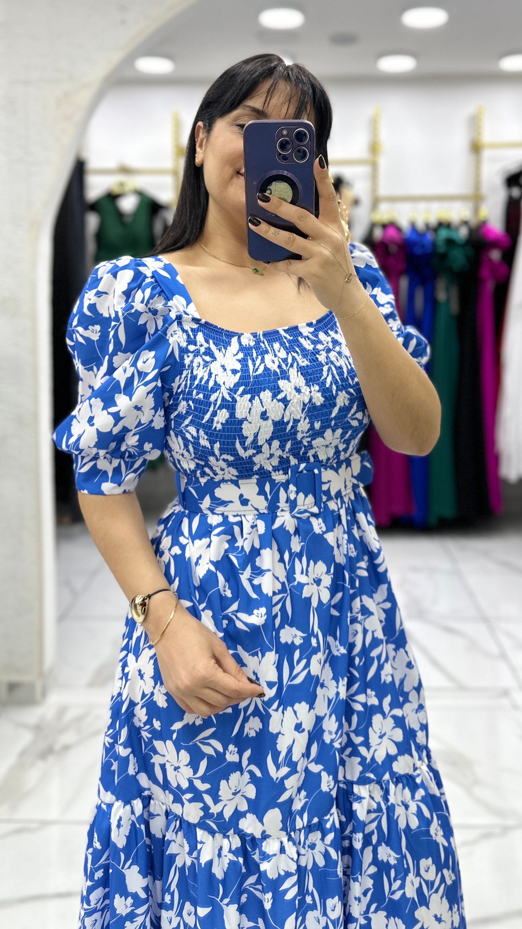 Flower Kemerli Gipe Elbise - Mavi
