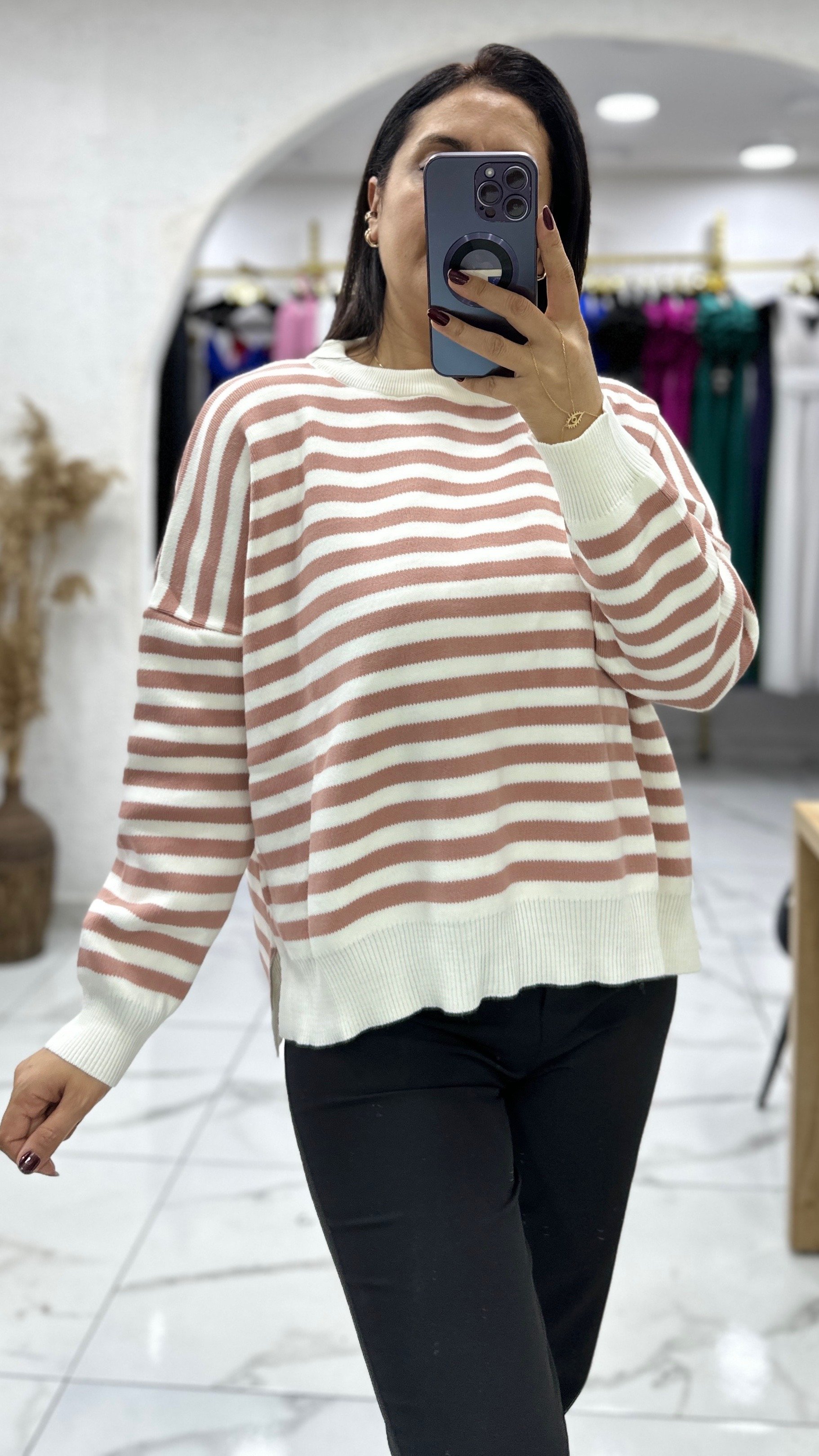 Çizgili Oversize Kazak - Gül Kurusu