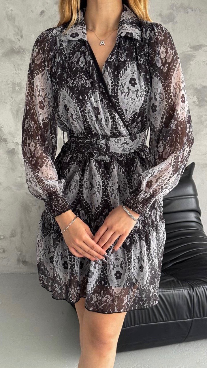 Firuz Kemerli Şifon Elbise - Gri