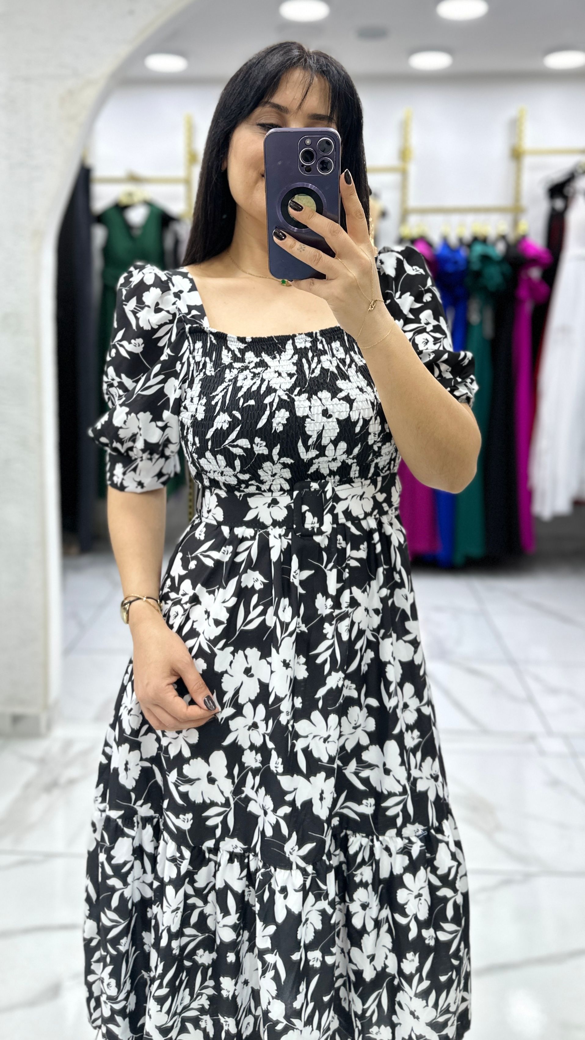 Flower Kemerli Gipe Elbise - Siyah
