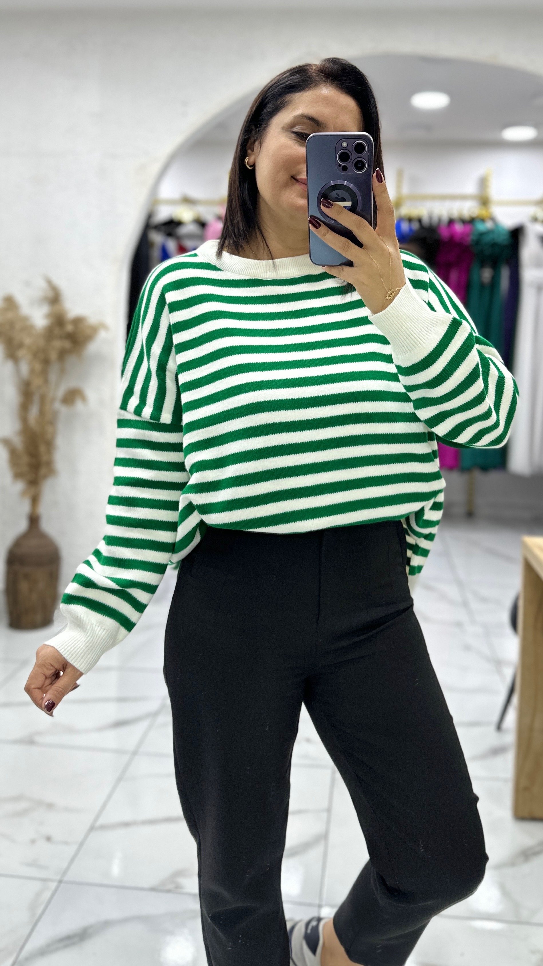 Çizgili Oversize Kazak - Yeşil