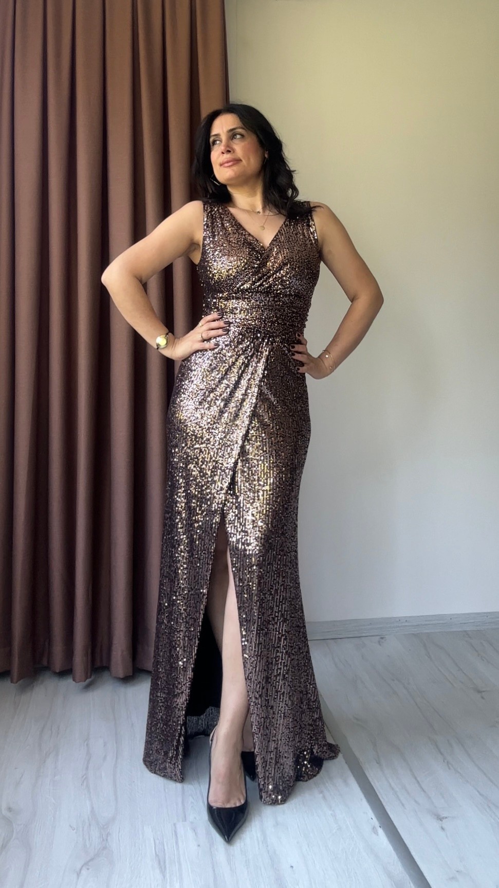 Solema Kruvaze Payet Abiye - Bronz