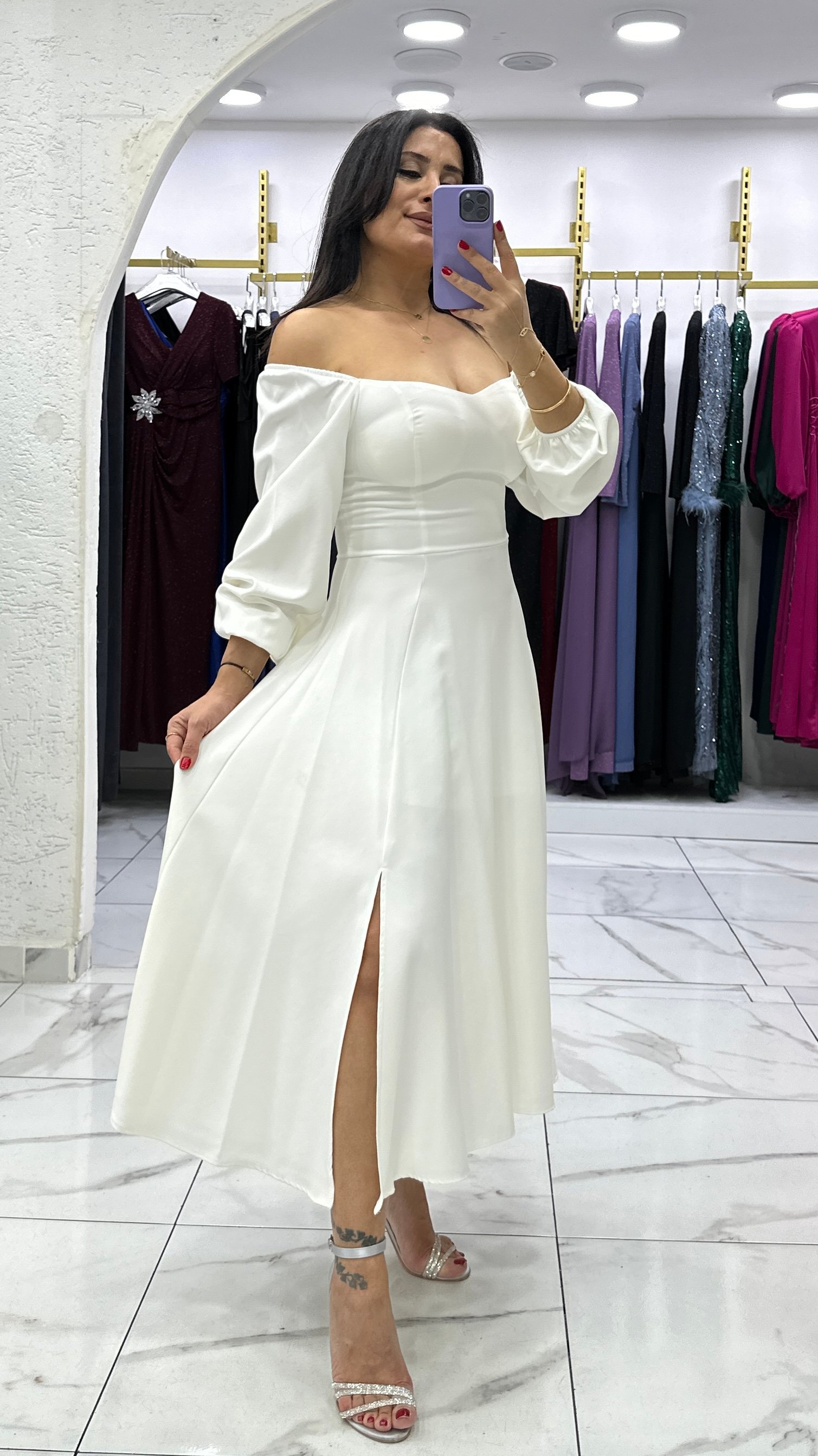 Lepar Kalp Yaka Elbise - Beyaz