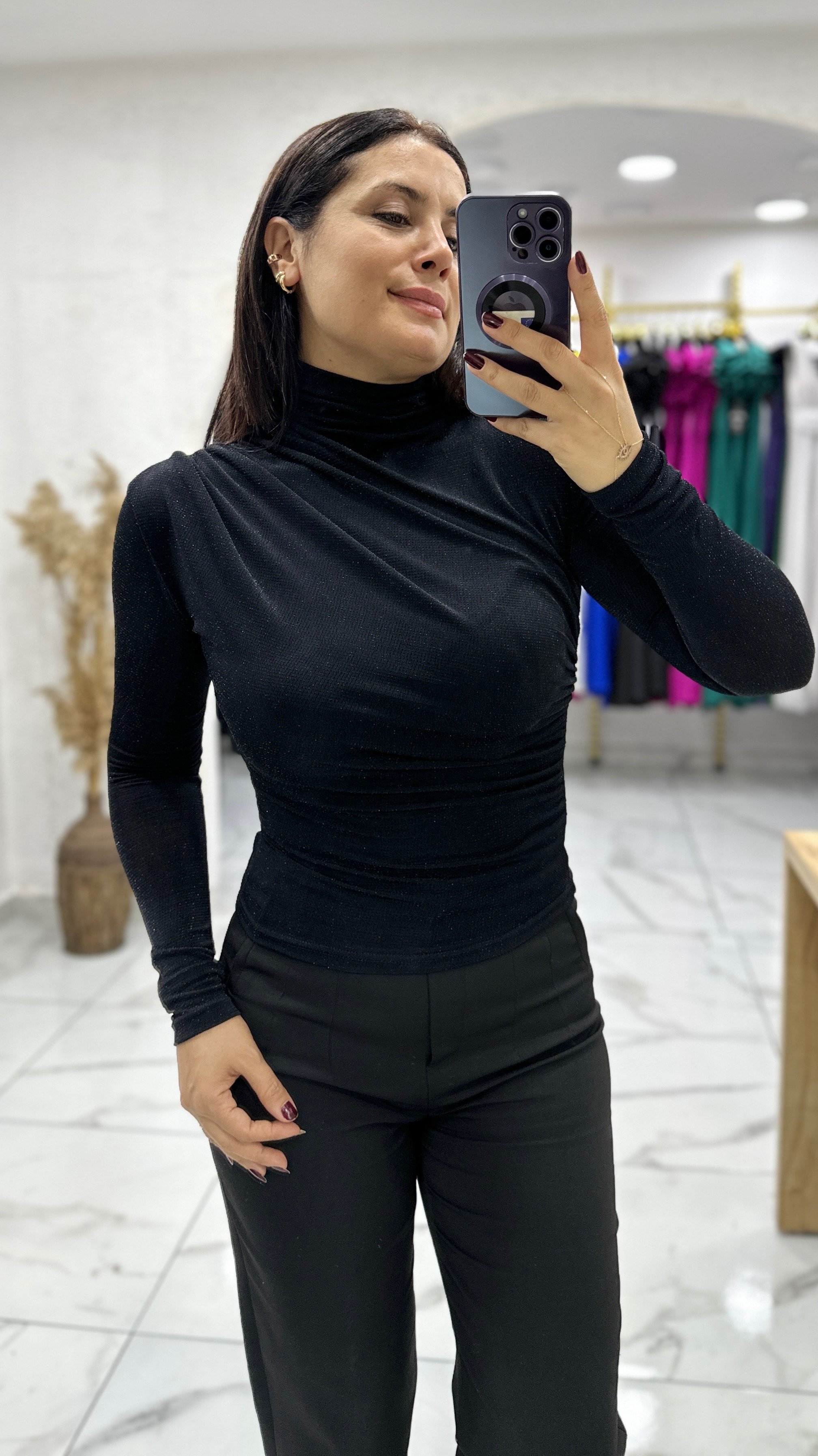 Drapeli Simli Bluz - Siyah