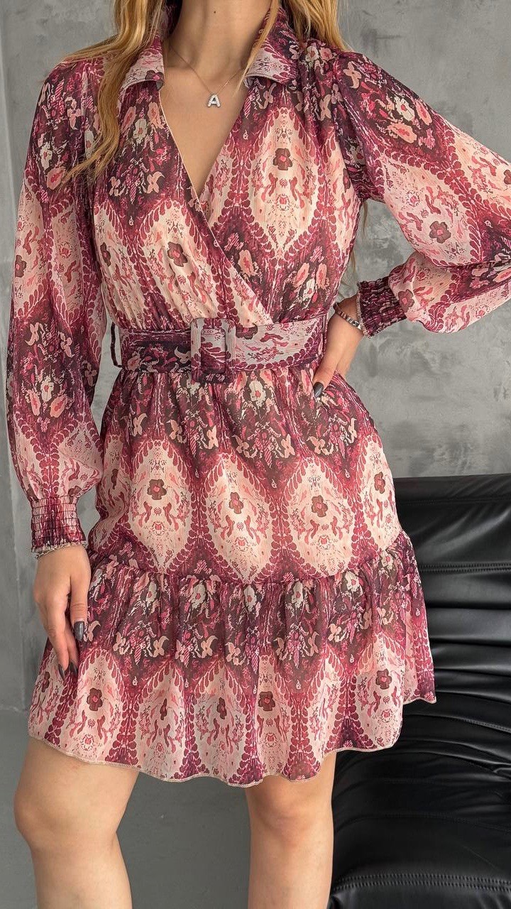 Firuz Kemerli Şifon Elbise - Bej