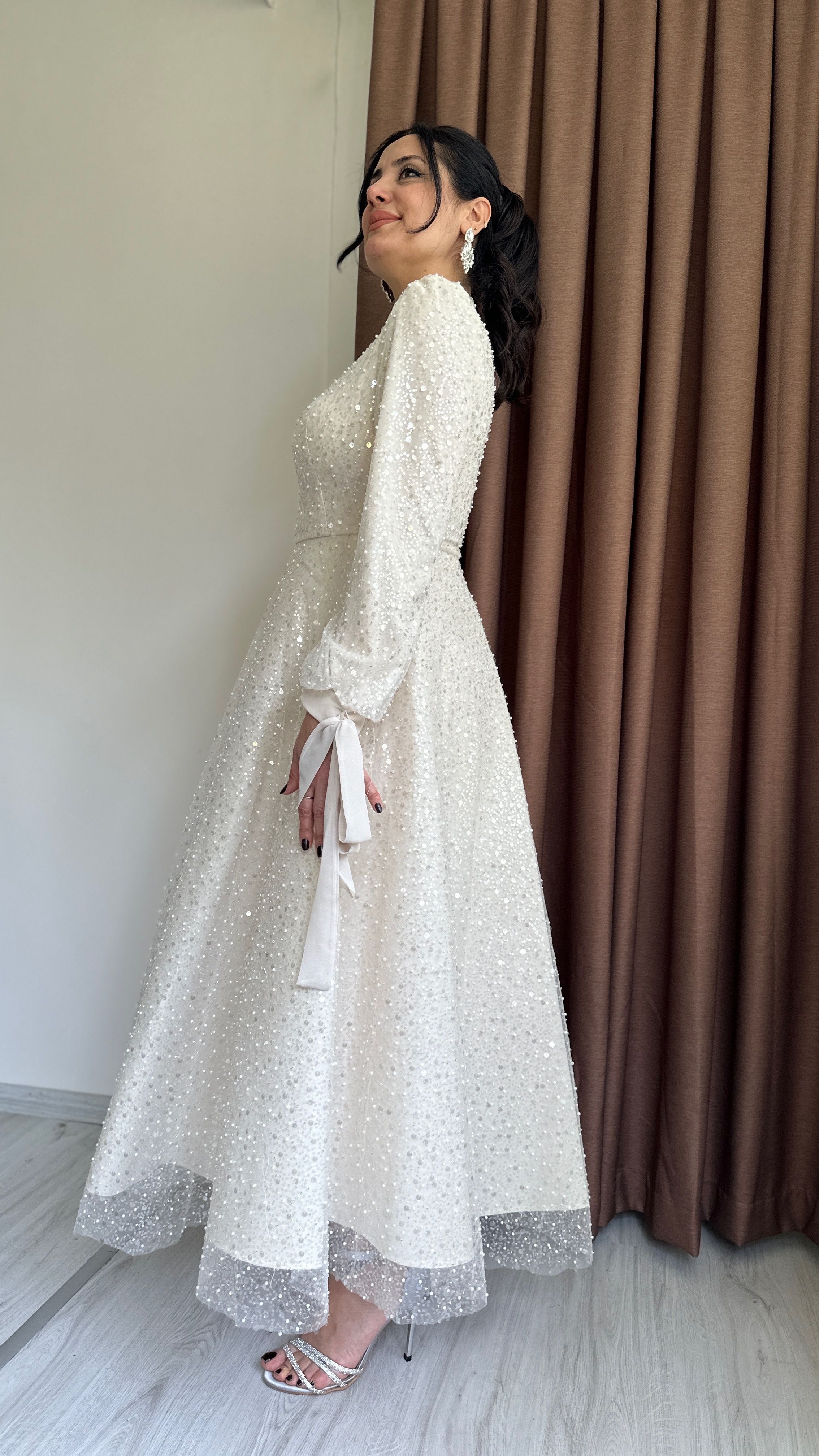 Manetta Taşlı Abiye - Krem
