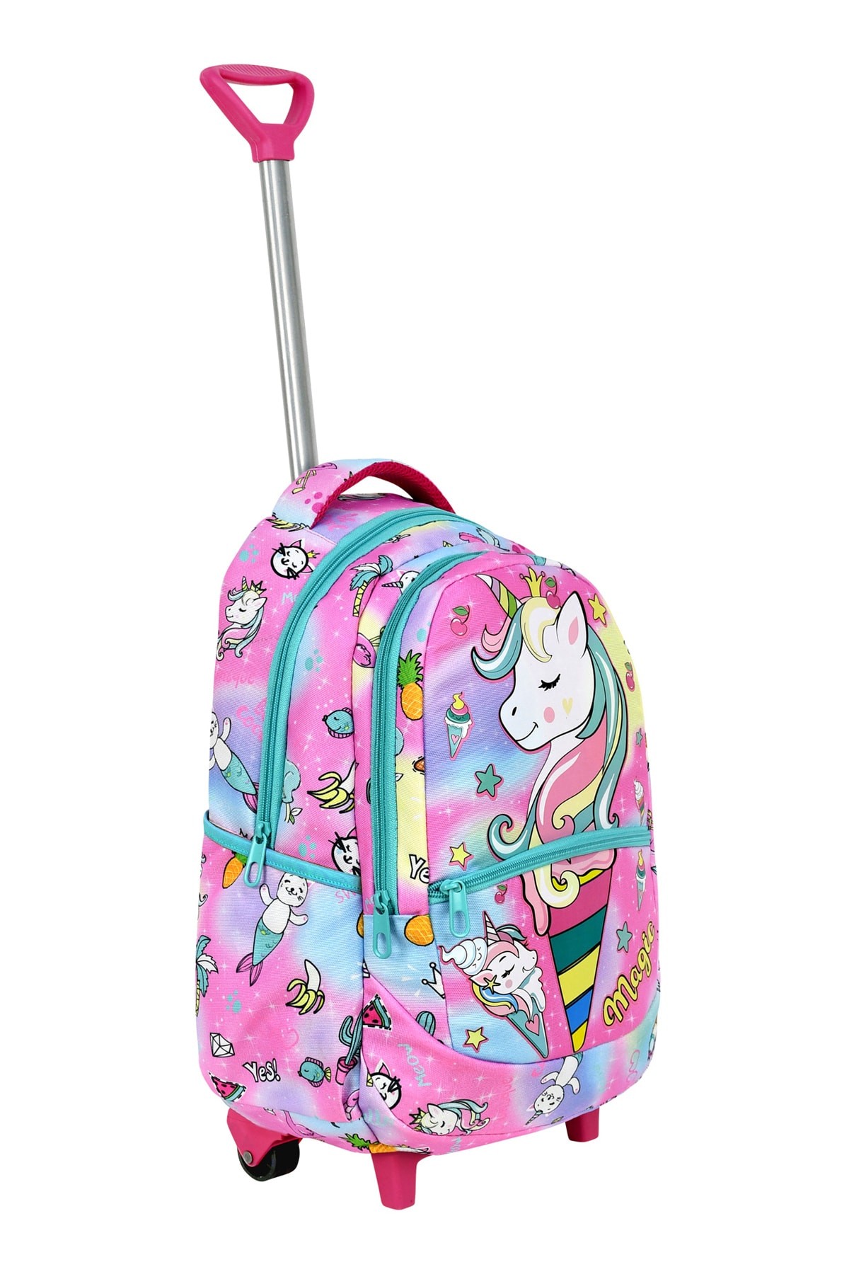 Çekçekli 3'lü Okul Seti, Unicorn Desenli İlkokul Çantası + Beslenme Çantası + Kalemlik