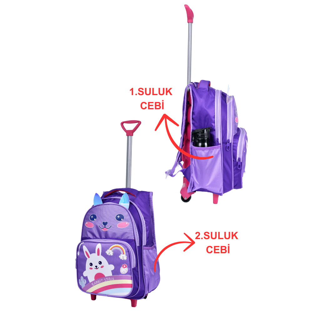 Çekçekli Tavşan Baskılı, Ortopedik Sırt Özellikli, İlkokul Çantası + Beslenme Çantası