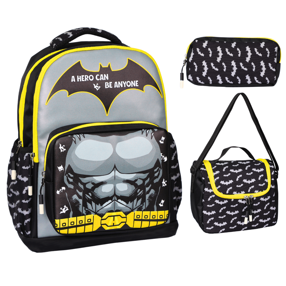 3’Lü İlkokul Batman Baskılı, Erkek Çocuk Beslenmeli Ve Kalemlikli Okul Çantası
