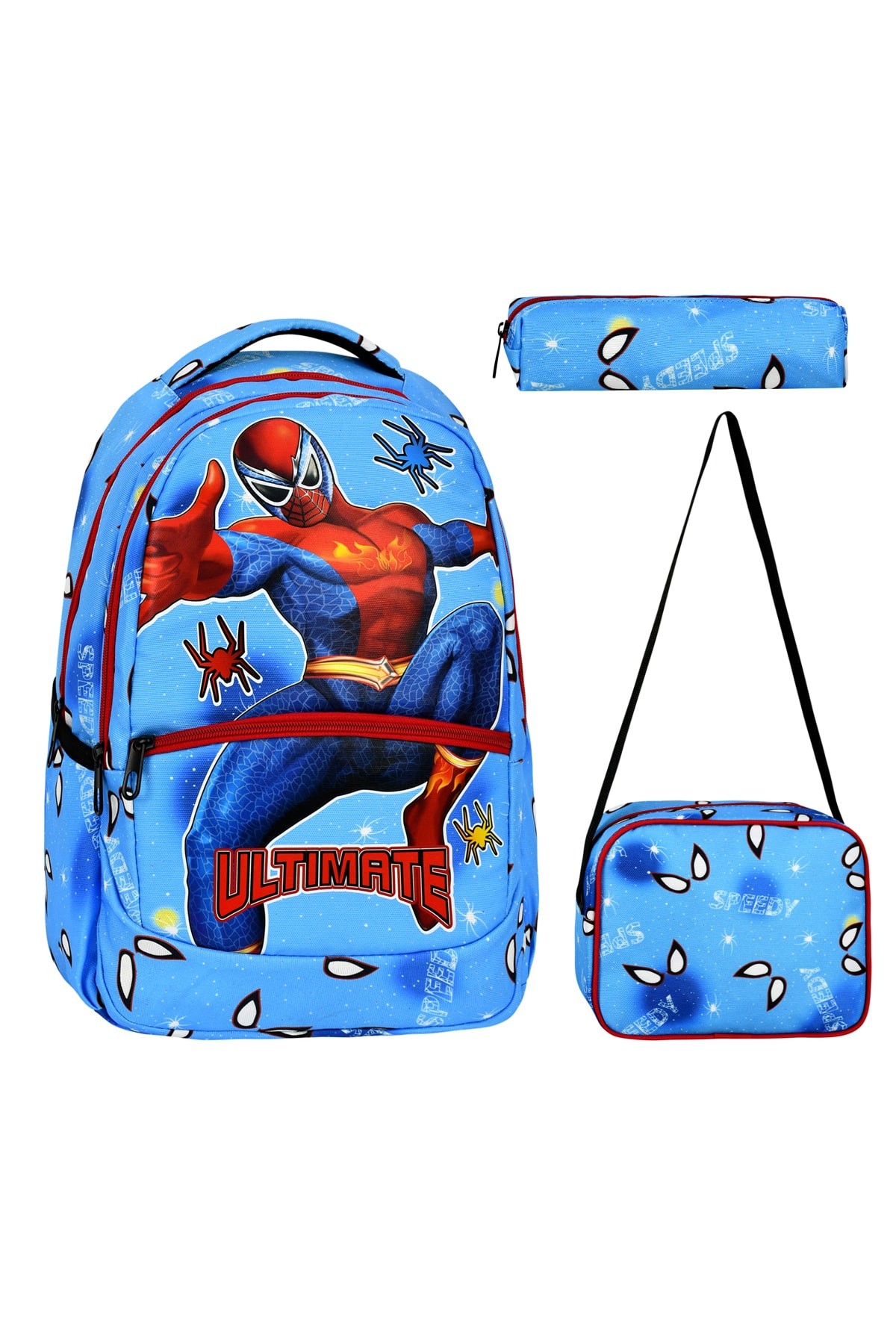 3’Lü İlkokul Örümcek Adam Desenli, Erkek Çocuk Beslenmeli Ve Kalemlikli Okul Çantası - Mavi