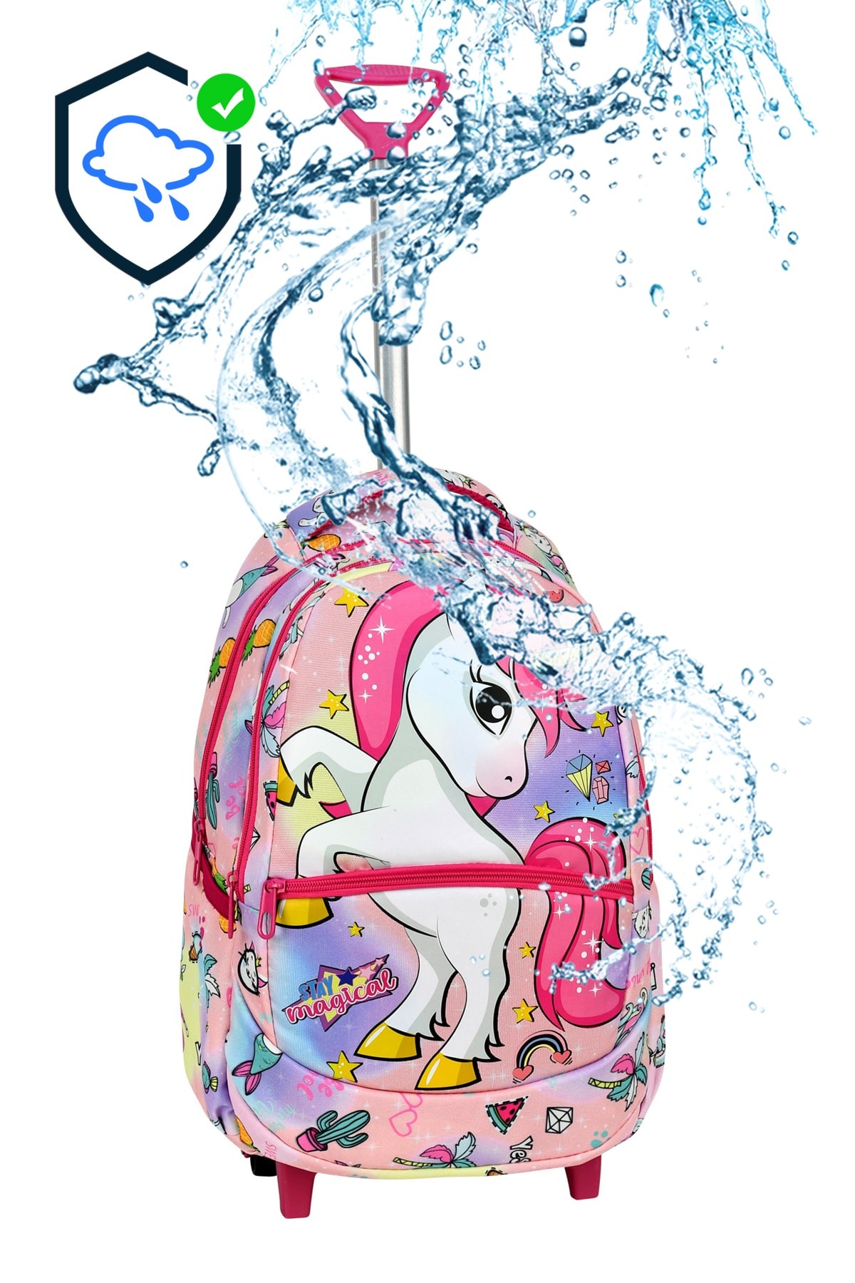 Çekçekli 3'lü Okul Seti, Unicorn Desenli İlkokul Çantası + Beslenme Çantası + Kalemlik